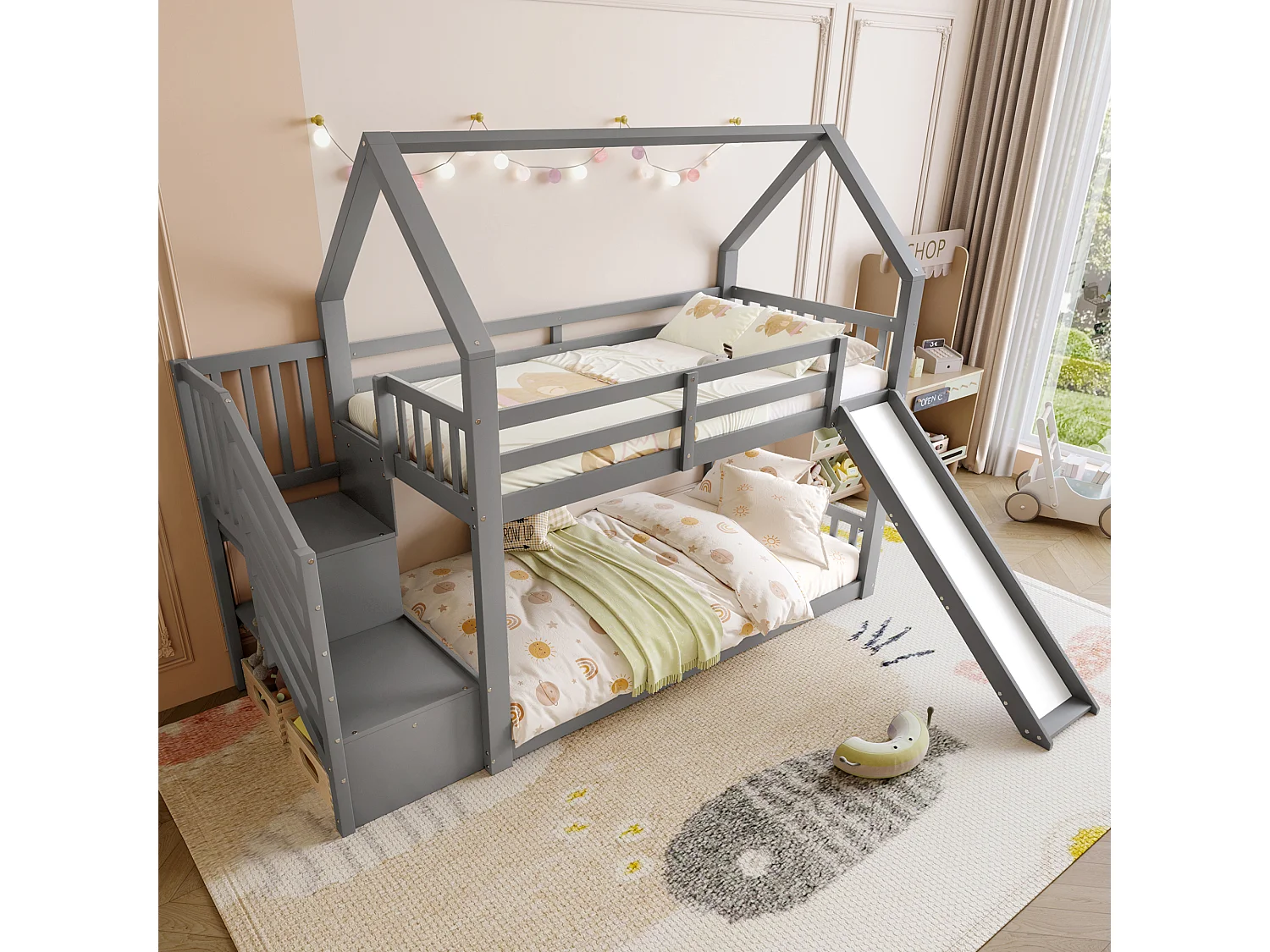 Lit superposé - 2 x 90 x 200 cm - 2 tiroirs et toboggan - pin et MDF - gris