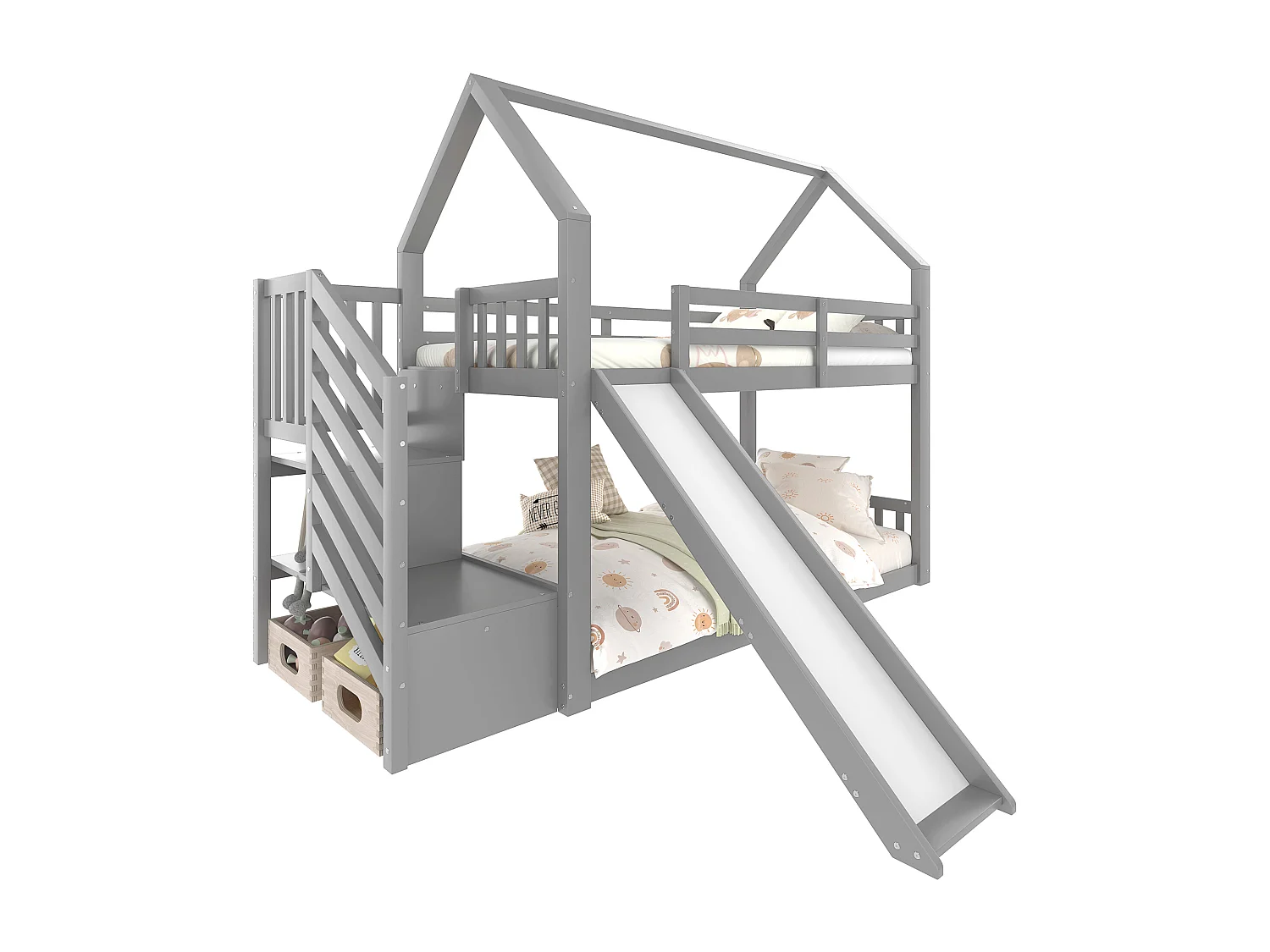 Lit superposé - 2 x 90 x 200 cm - 2 tiroirs et toboggan - pin et MDF - gris