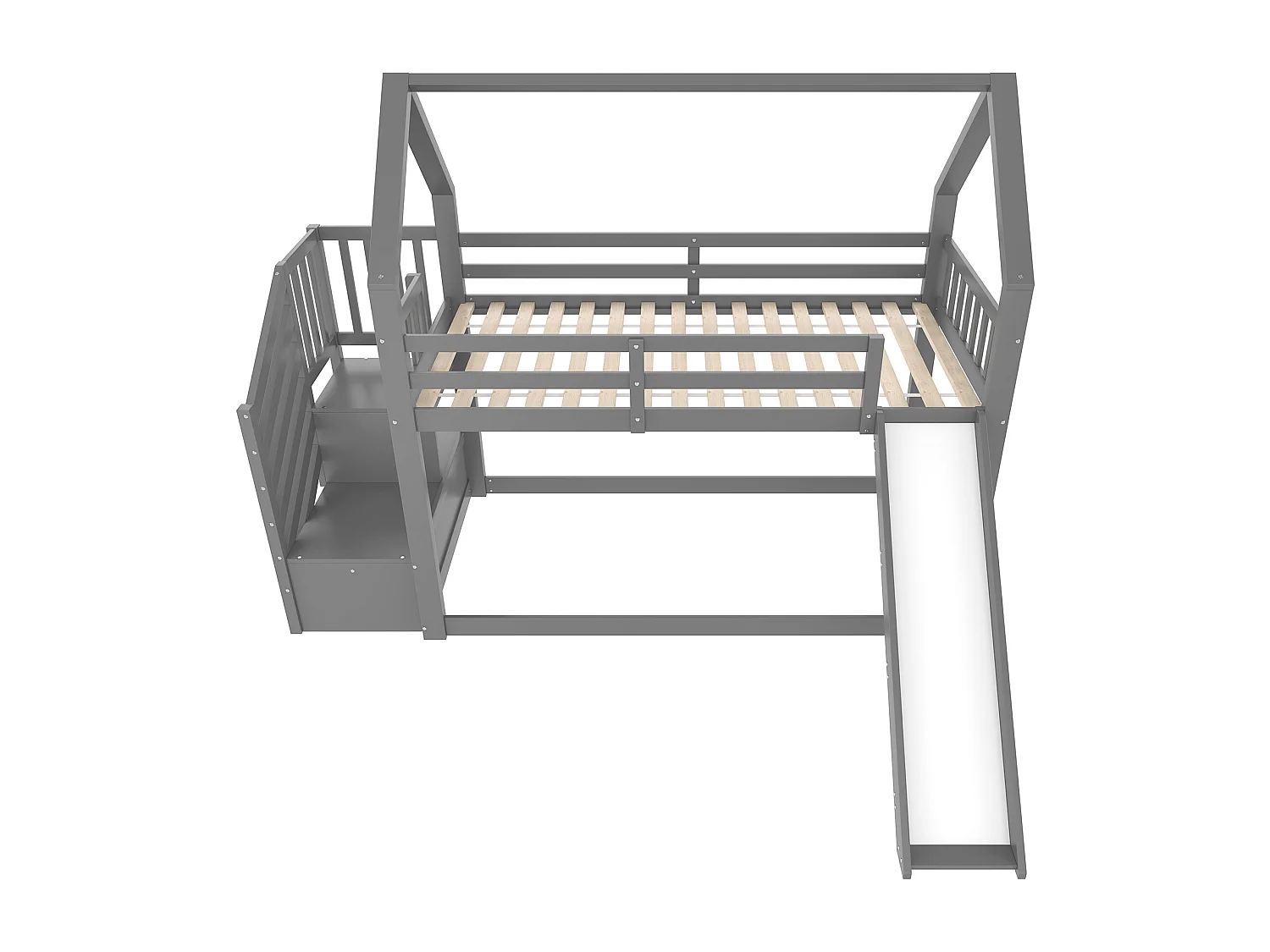 Lit superposé - 2 x 90 x 200 cm - 2 tiroirs et toboggan - pin et MDF - gris