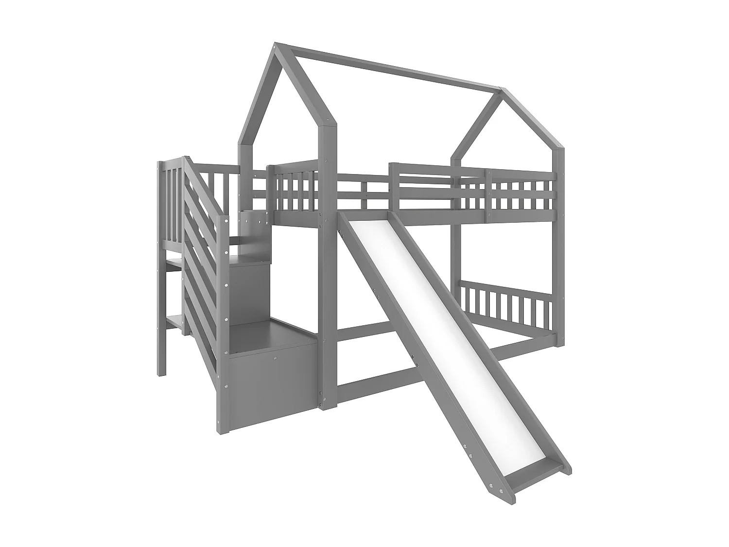 Lit superposé - 2 x 90 x 200 cm - 2 tiroirs et toboggan - pin et MDF - gris