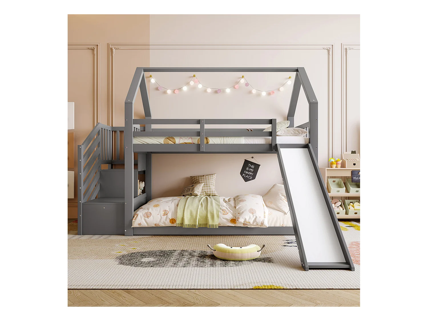 Lit superposé - 2 x 90 x 200 cm - 2 tiroirs et toboggan - pin et MDF - gris