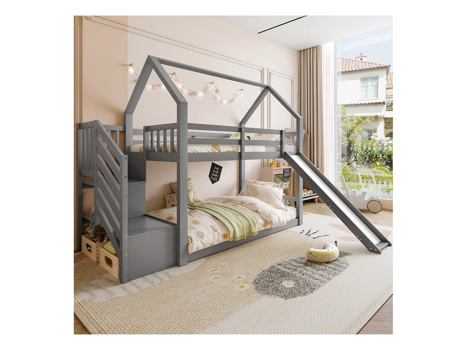 Lit superposé - 2 x 90 x 200 cm - 2 tiroirs et toboggan - pin et MDF - gris