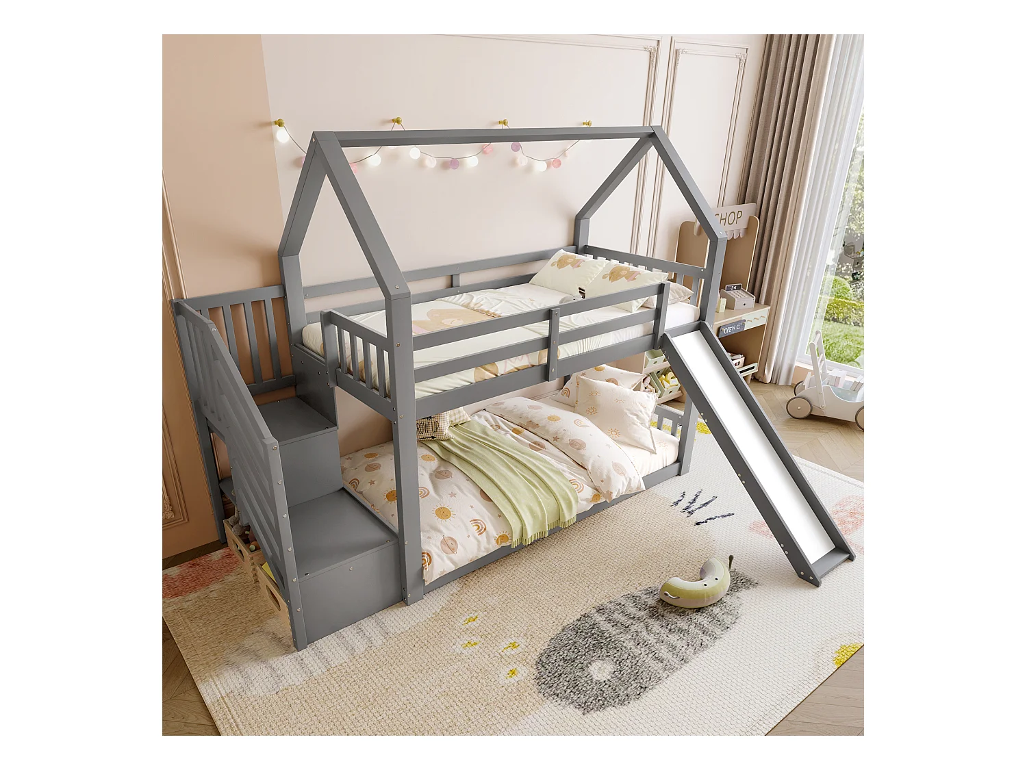 Lit superposé - 2 x 90 x 200 cm - 2 tiroirs et toboggan - pin et MDF - gris