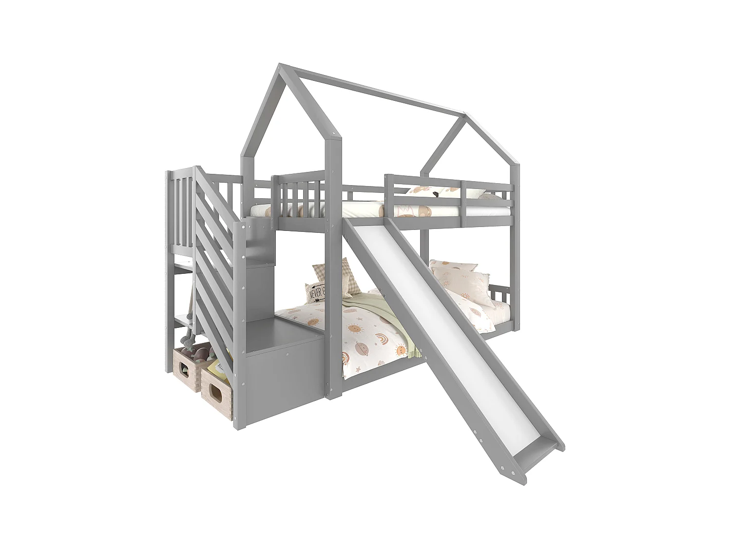 Lit superposé - 2 x 90 x 200 cm - 2 tiroirs et toboggan - pin et MDF - gris