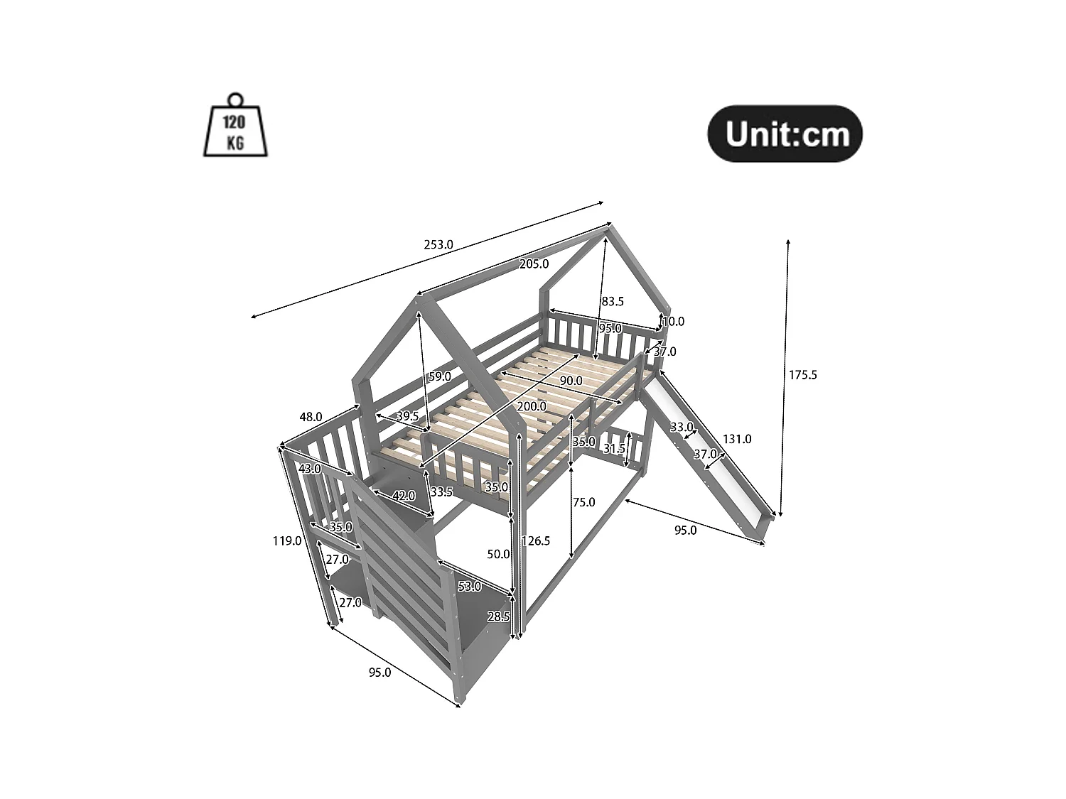 Lit superposé - 2 x 90 x 200 cm - 2 tiroirs et toboggan - pin et MDF - gris