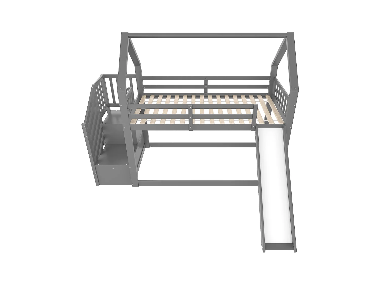 Lit superposé - 2 x 90 x 200 cm - 2 tiroirs et toboggan - pin et MDF - gris