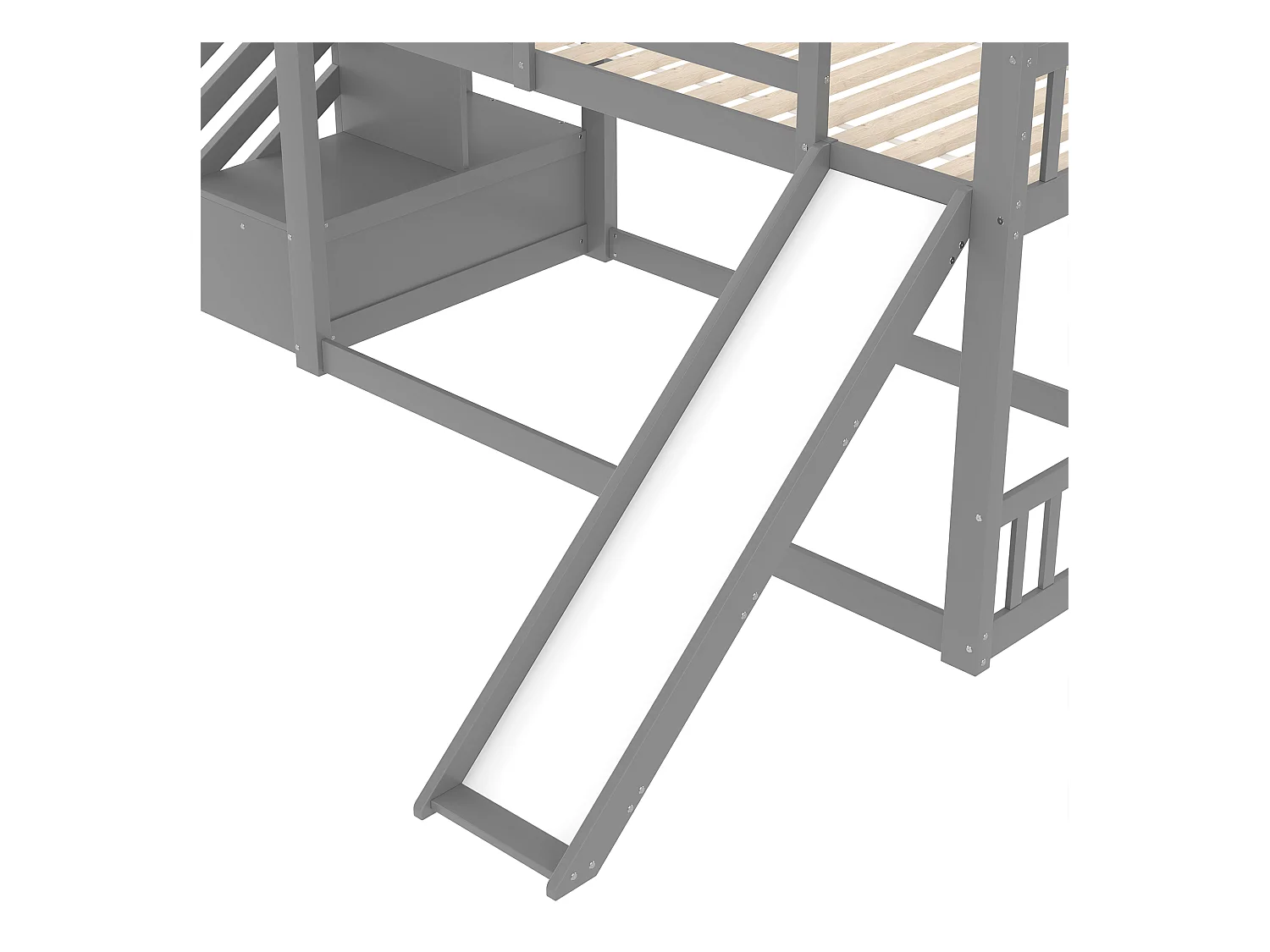 Lit superposé - 2 x 90 x 200 cm - 2 tiroirs et toboggan - pin et MDF - gris