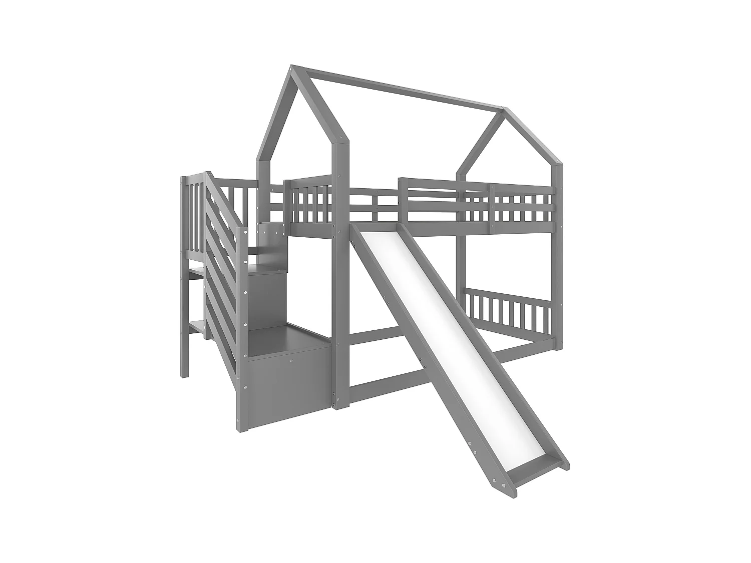 Lit superposé - 2 x 90 x 200 cm - 2 tiroirs et toboggan - pin et MDF - gris