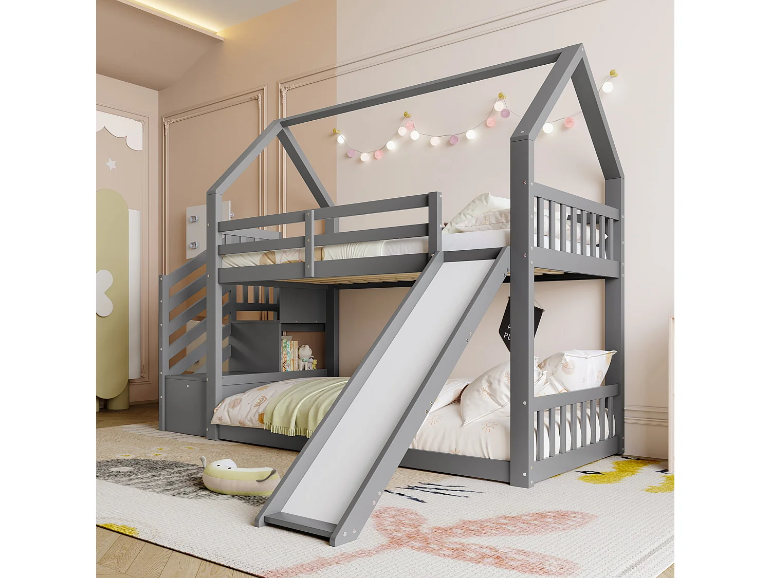 Letto a castello - 2 x 90 x 200 cm - 2 cassetti e scivolo - pino e MDF - grigio