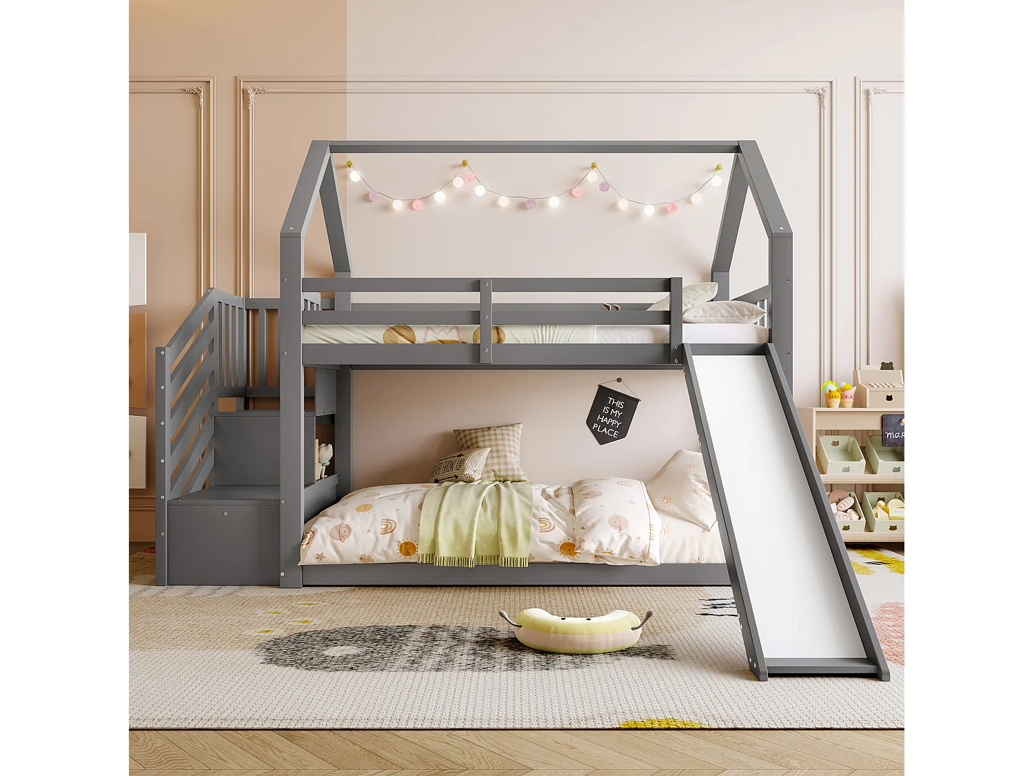 Letto a castello - 2 x 90 x 200 cm - 2 cassetti e scivolo - pino e MDF - grigio