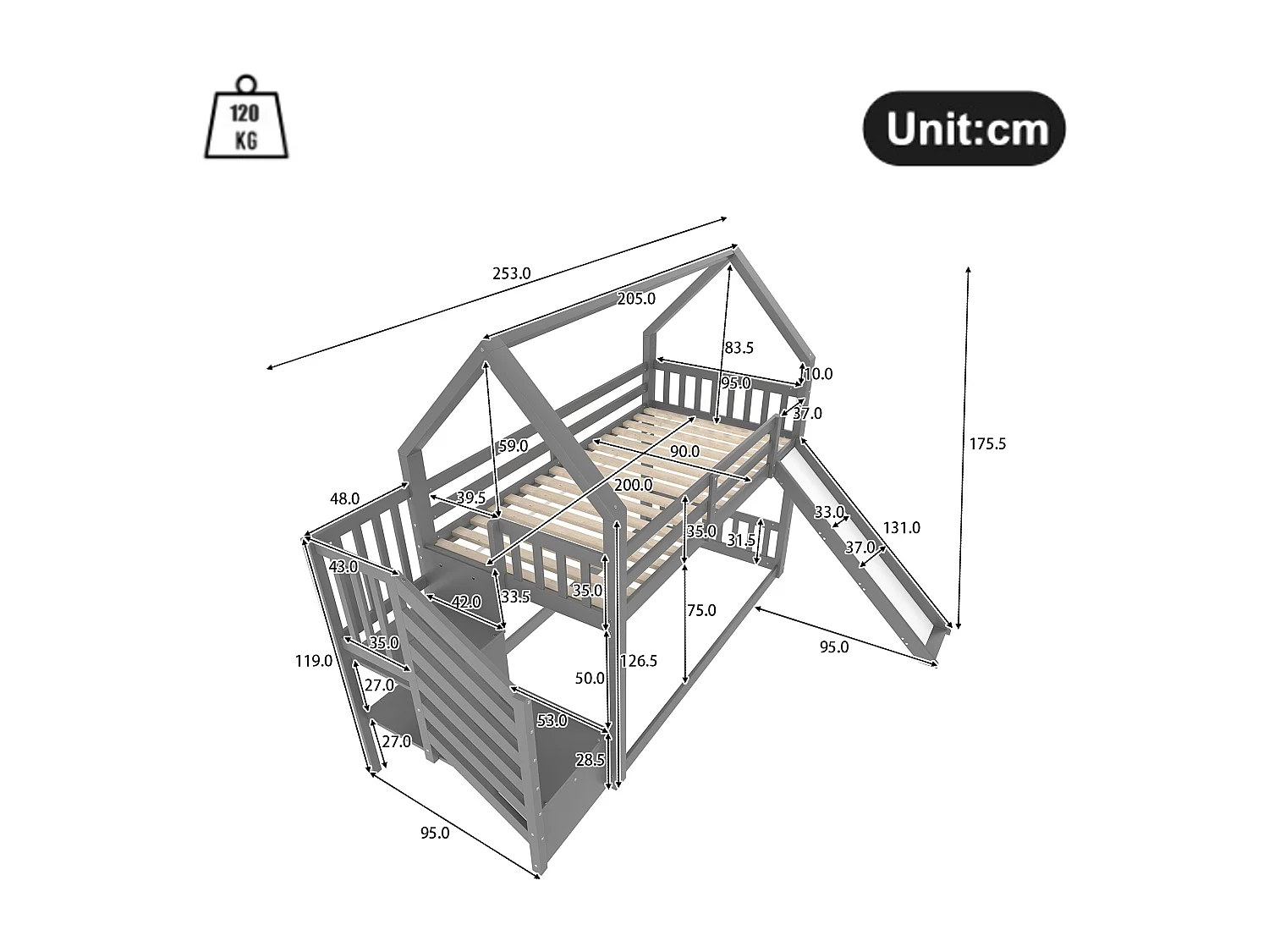 Letto a castello - 2 x 90 x 200 cm - 2 cassetti e scivolo - pino e MDF - grigio