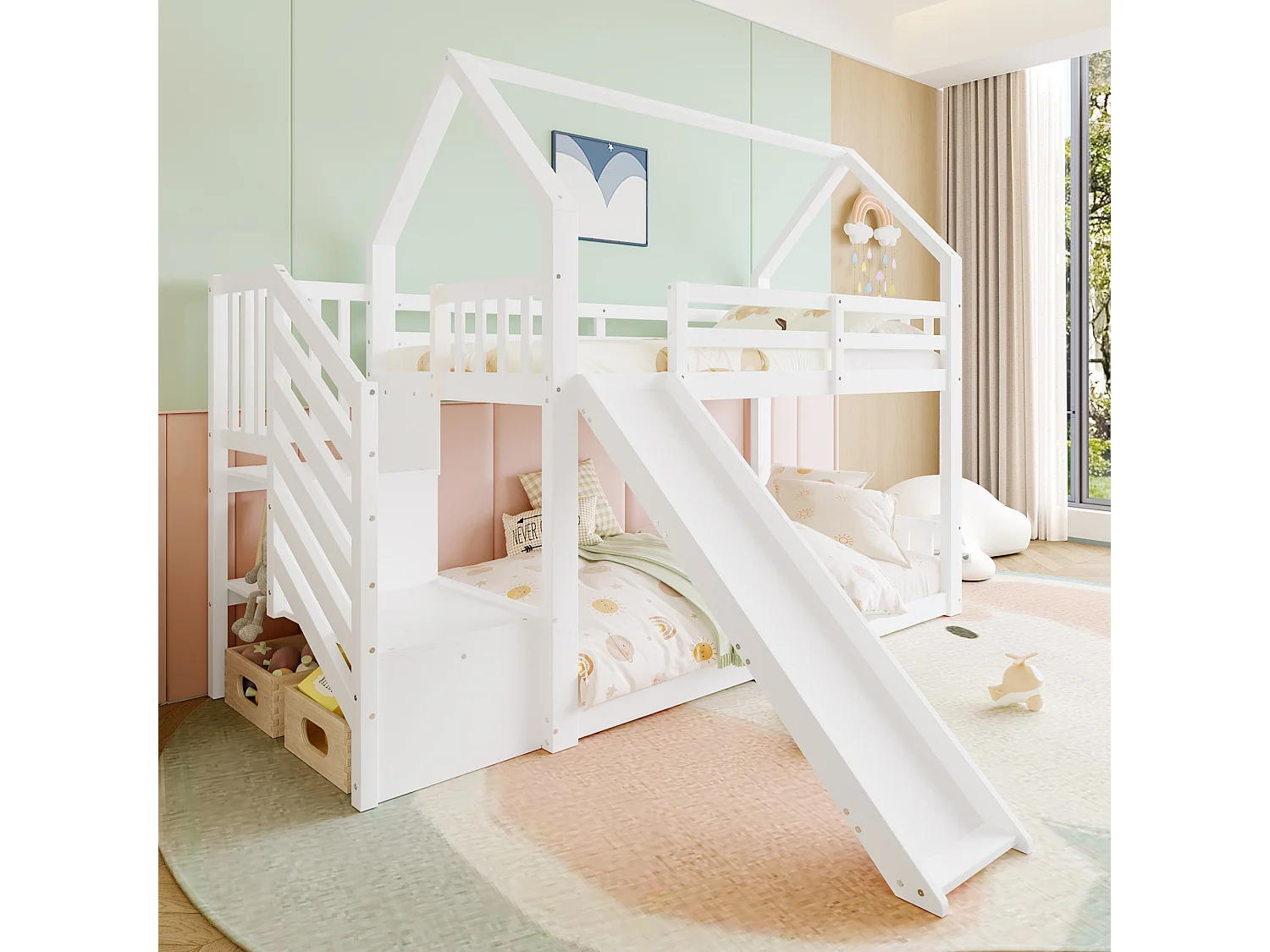 Łóżko piętrowe dla dzieci – 2 x 90 x 200 cm – ze schowkiem w schodach + zjeżdżalnia – sosna i płyta MDF – białe