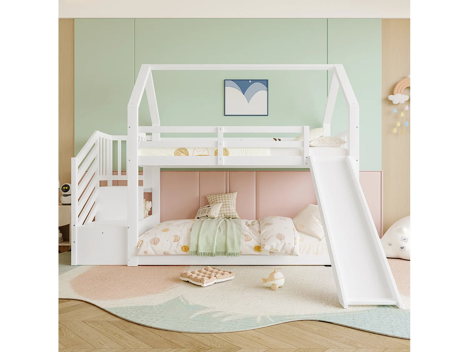 Łóżko piętrowe dla dzieci – 2 x 90 x 200 cm – ze schowkiem w schodach + zjeżdżalnia – sosna i płyta MDF – białe