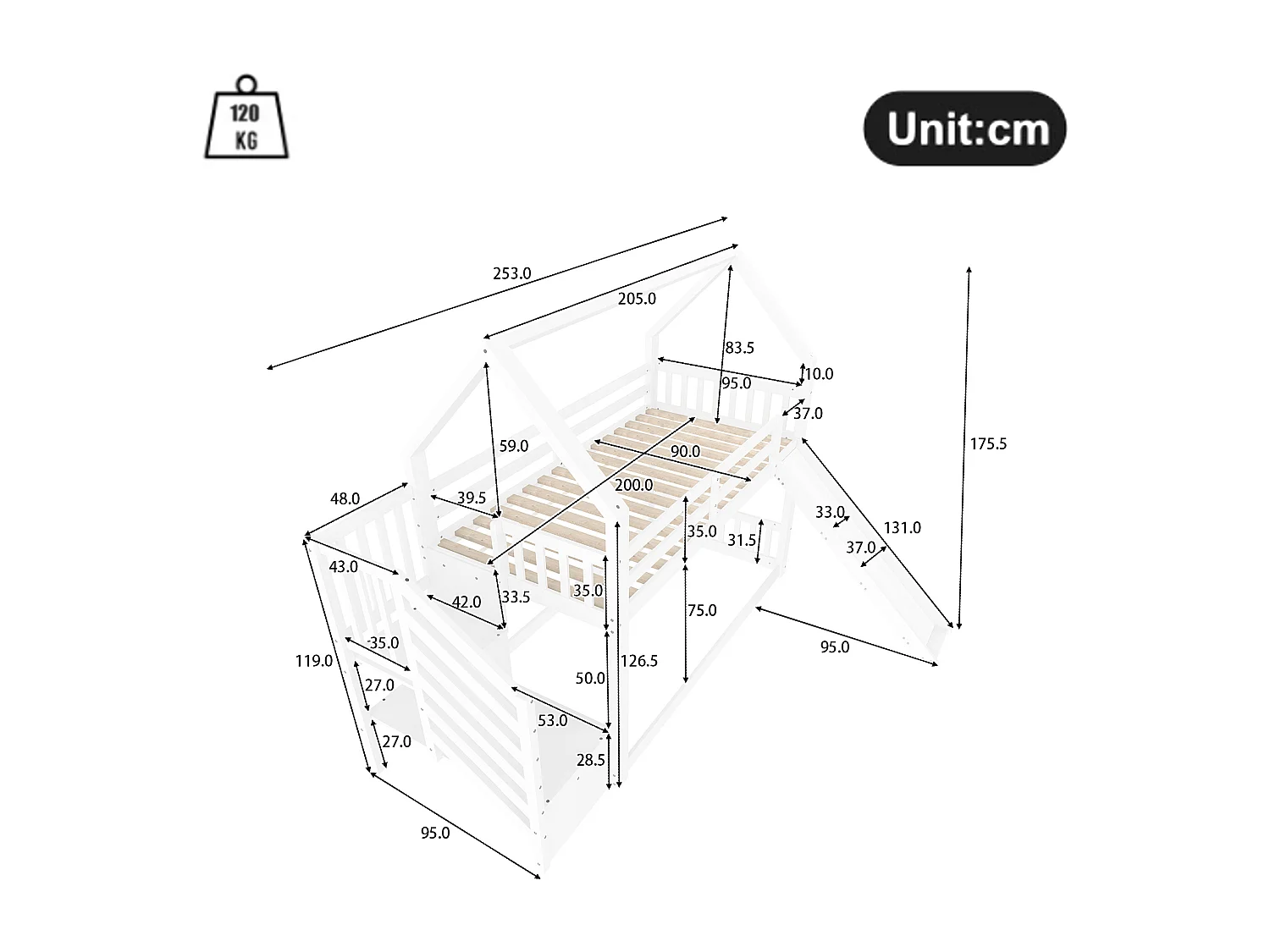 Łóżko piętrowe dla dzieci – 2 x 90 x 200 cm – ze schowkiem w schodach + zjeżdżalnia – sosna i płyta MDF – białe