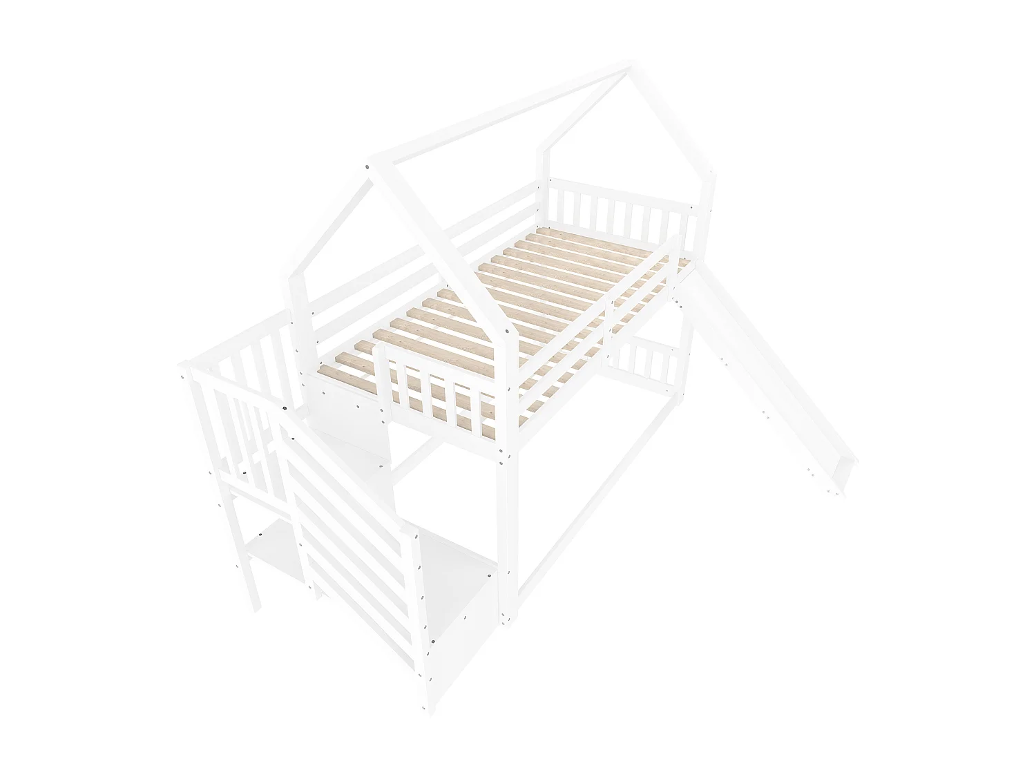 Łóżko piętrowe dla dzieci – 2 x 90 x 200 cm – ze schowkiem w schodach + zjeżdżalnia – sosna i płyta MDF – białe