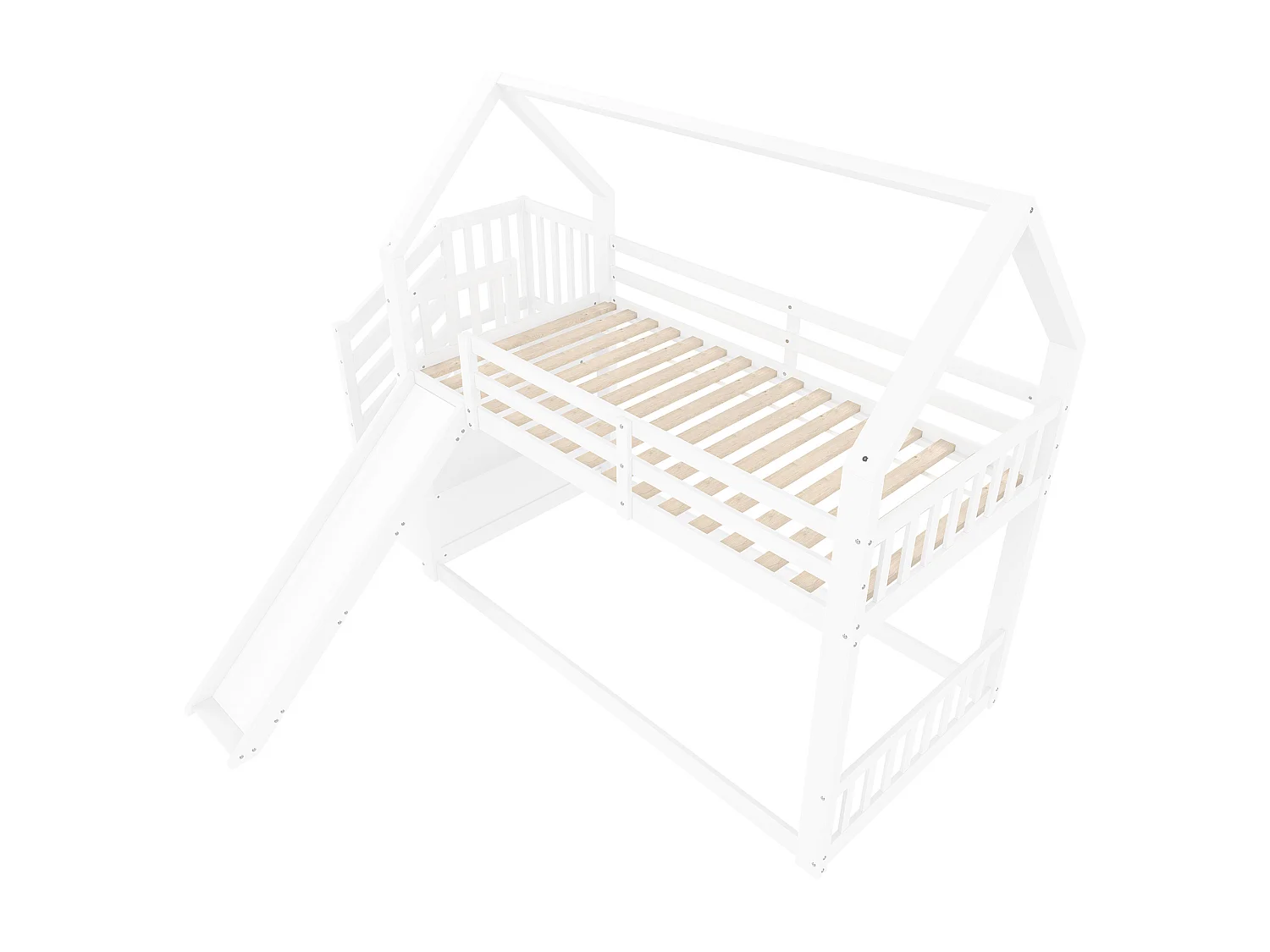 Łóżko piętrowe dla dzieci – 2 x 90 x 200 cm – ze schowkiem w schodach + zjeżdżalnia – sosna i płyta MDF – białe