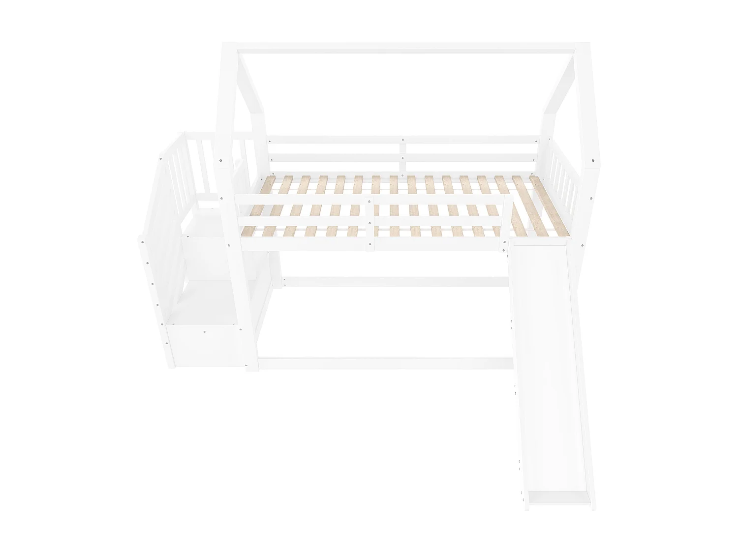 Łóżko piętrowe dla dzieci – 2 x 90 x 200 cm – ze schowkiem w schodach + zjeżdżalnia – sosna i płyta MDF – białe