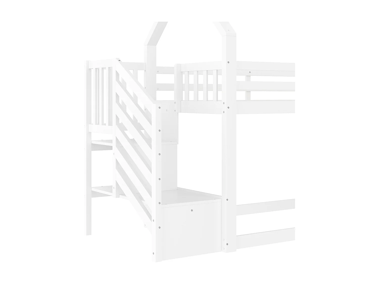 Łóżko piętrowe dla dzieci – 2 x 90 x 200 cm – ze schowkiem w schodach + zjeżdżalnia – sosna i płyta MDF – białe
