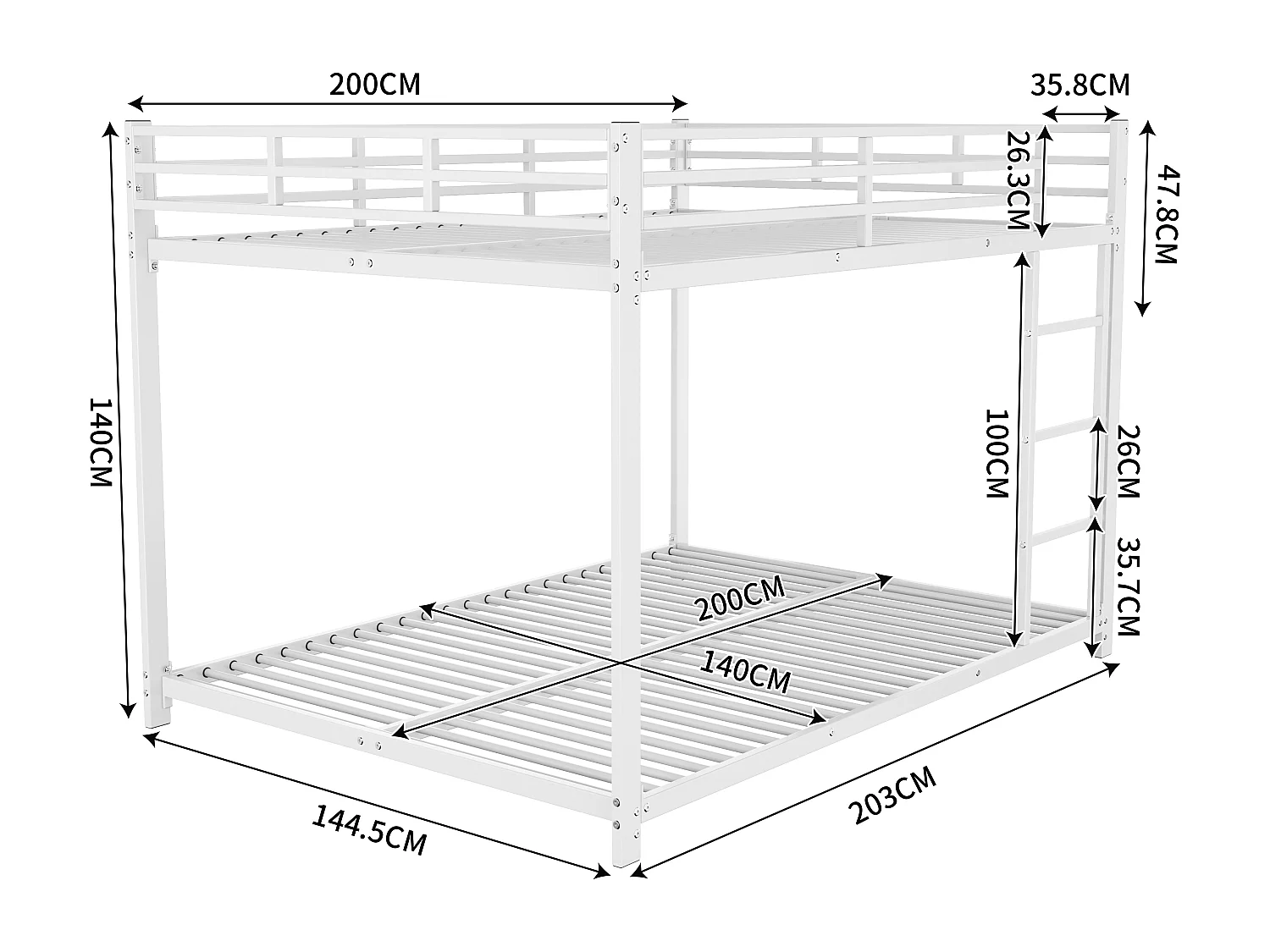 Lit superposé 2 x 140 x 200 cm - lit en fer - blanc