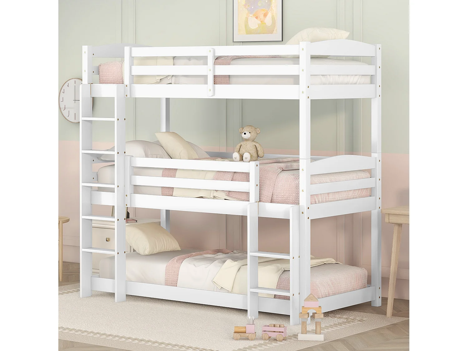 Łóżko piętrowe potrójne - 90 x 200 cm - Sosna + MDF - 2 drabinki - Białe