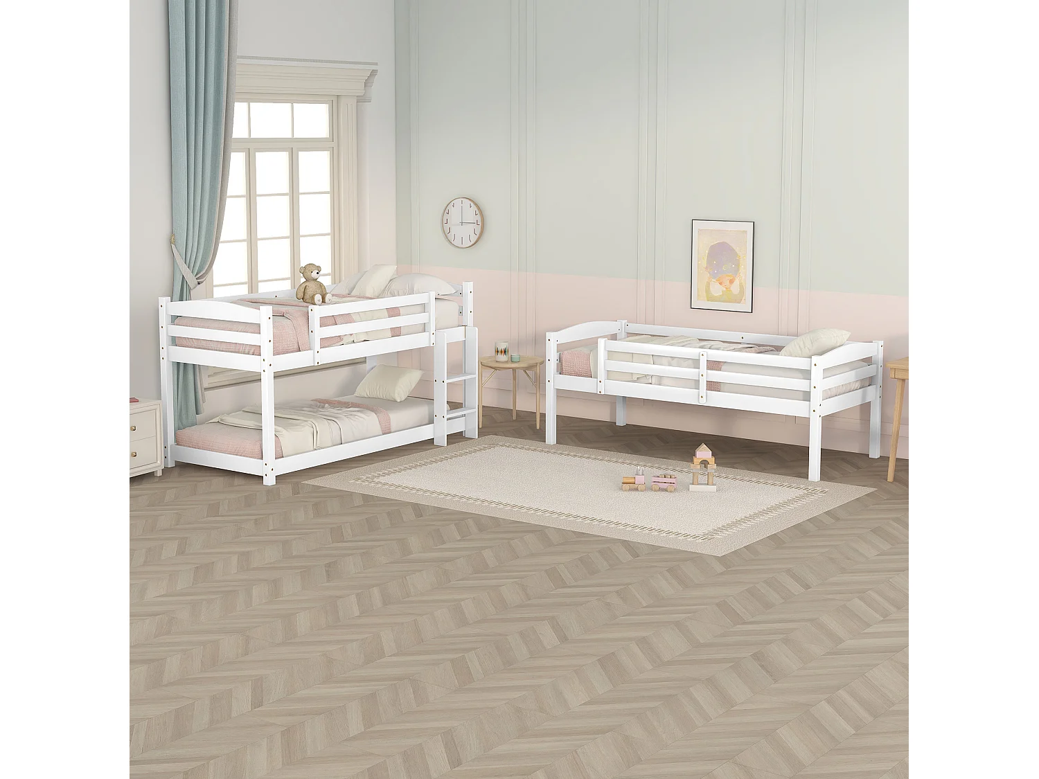 Łóżko piętrowe potrójne - 90 x 200 cm - Sosna + MDF - 2 drabinki - Białe