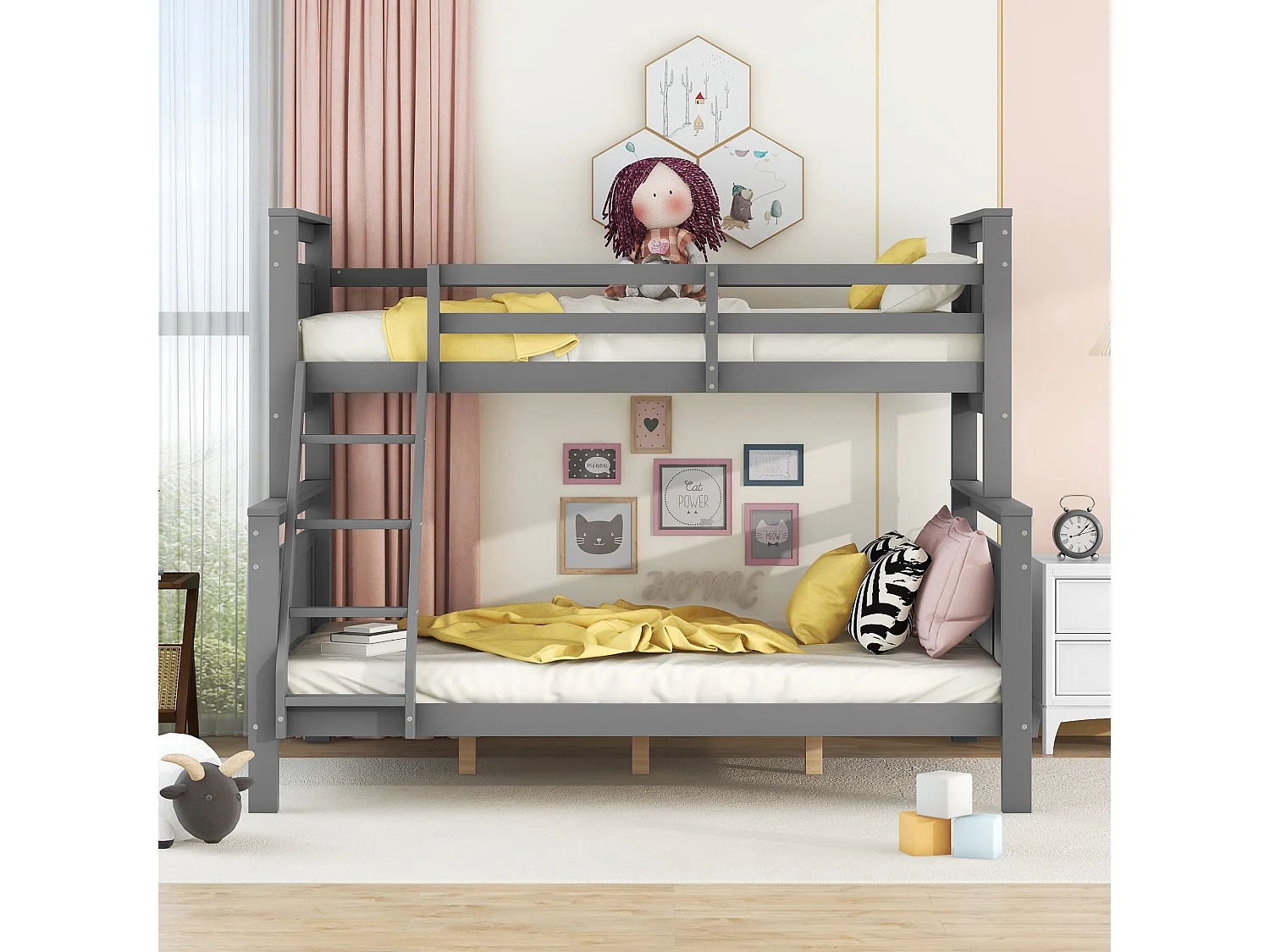 Lit superposé 3 places - 90 x 200 cm + 140 x 200 cm - Pin et MDF - Gris