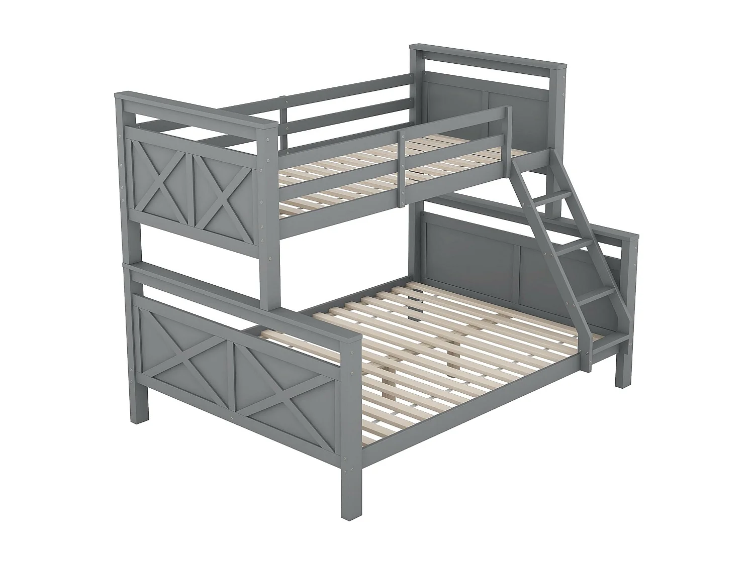 Lit superposé 3 places - 90 x 200 cm + 140 x 200 cm - Pin et MDF - Gris