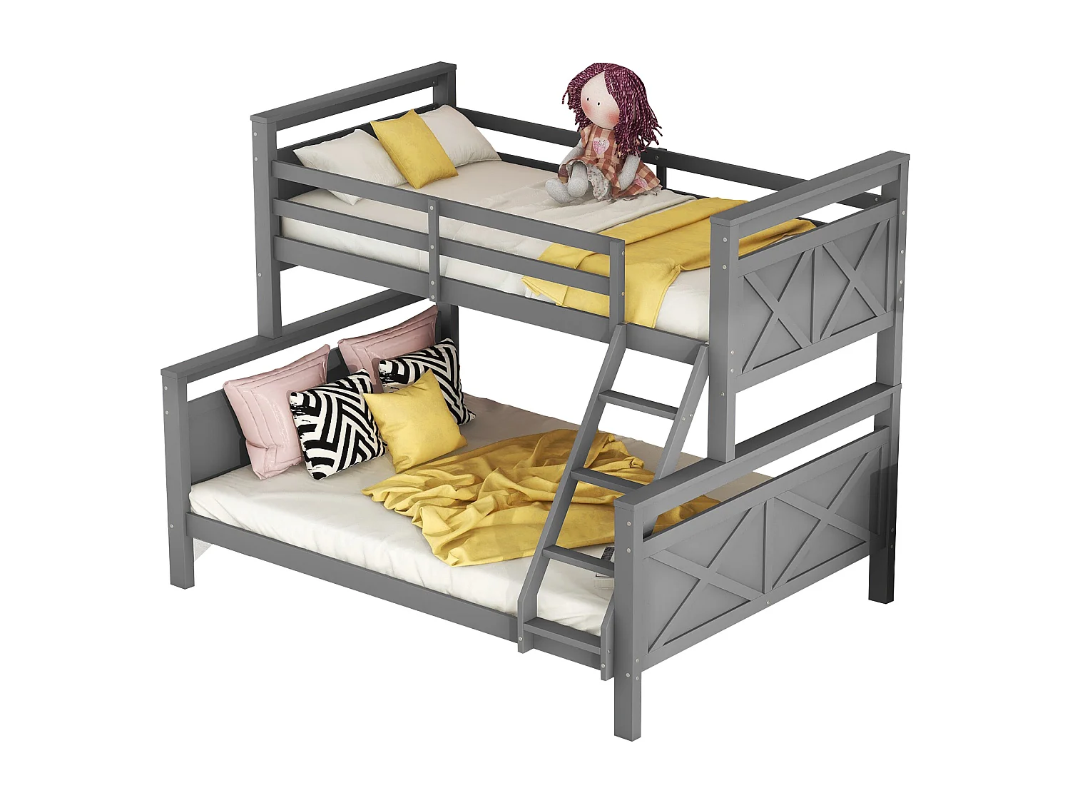 Lit superposé 3 places - 90 x 200 cm + 140 x 200 cm - Pin et MDF - Gris