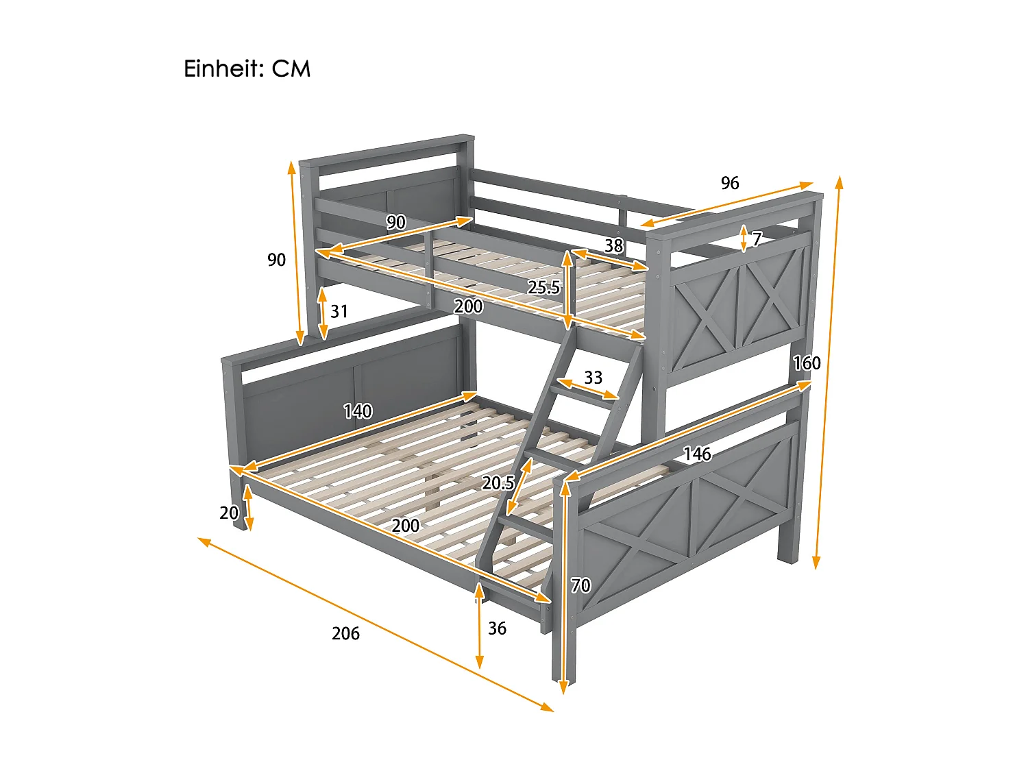 Lit superposé 3 places - 90 x 200 cm + 140 x 200 cm - Pin et MDF - Gris