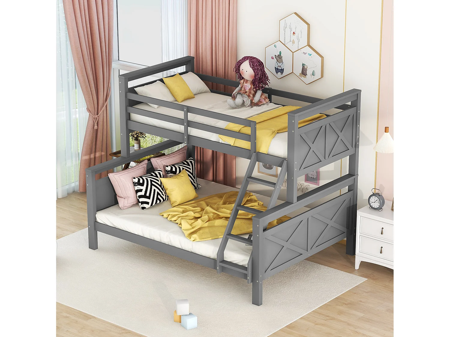 Lit superposé 3 places - 90 x 200 cm + 140 x 200 cm - Pin et MDF - Gris