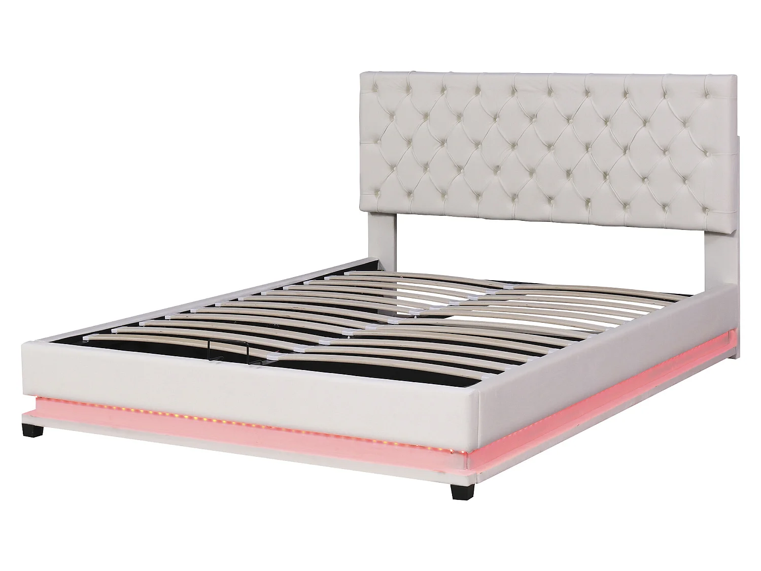 Lit coffre avec tête de lit réglable - 140 x 200 cm - velours - leds - beige