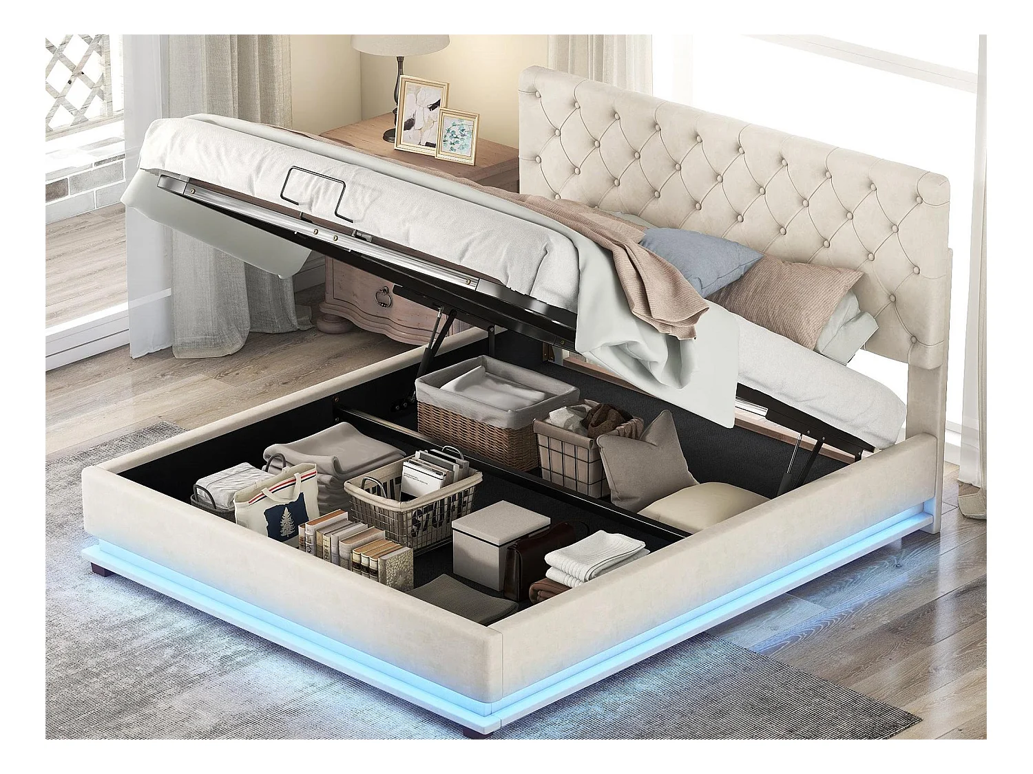 Lit coffre avec tête de lit réglable - 140 x 200 cm - velours - leds - beige