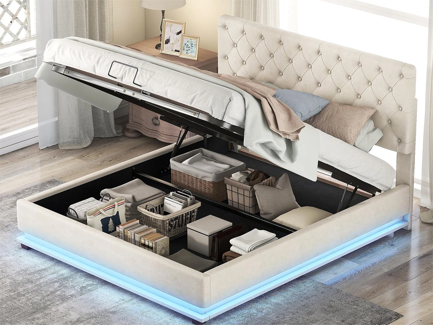 Opbergbed met verstelbaar hoofdeinde - 140 x 200 cm - fluweel - LED's - beige