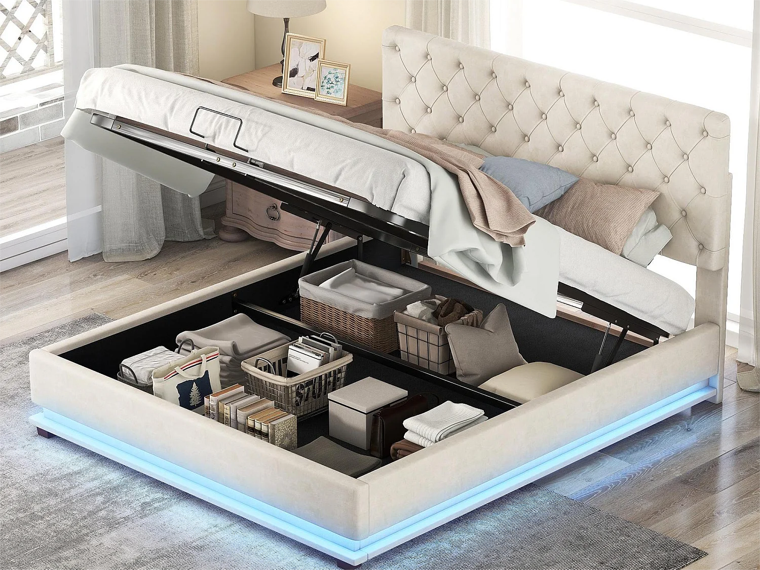 Lit coffre avec tête de lit réglable - 140 x 200 cm - velours - leds - beige