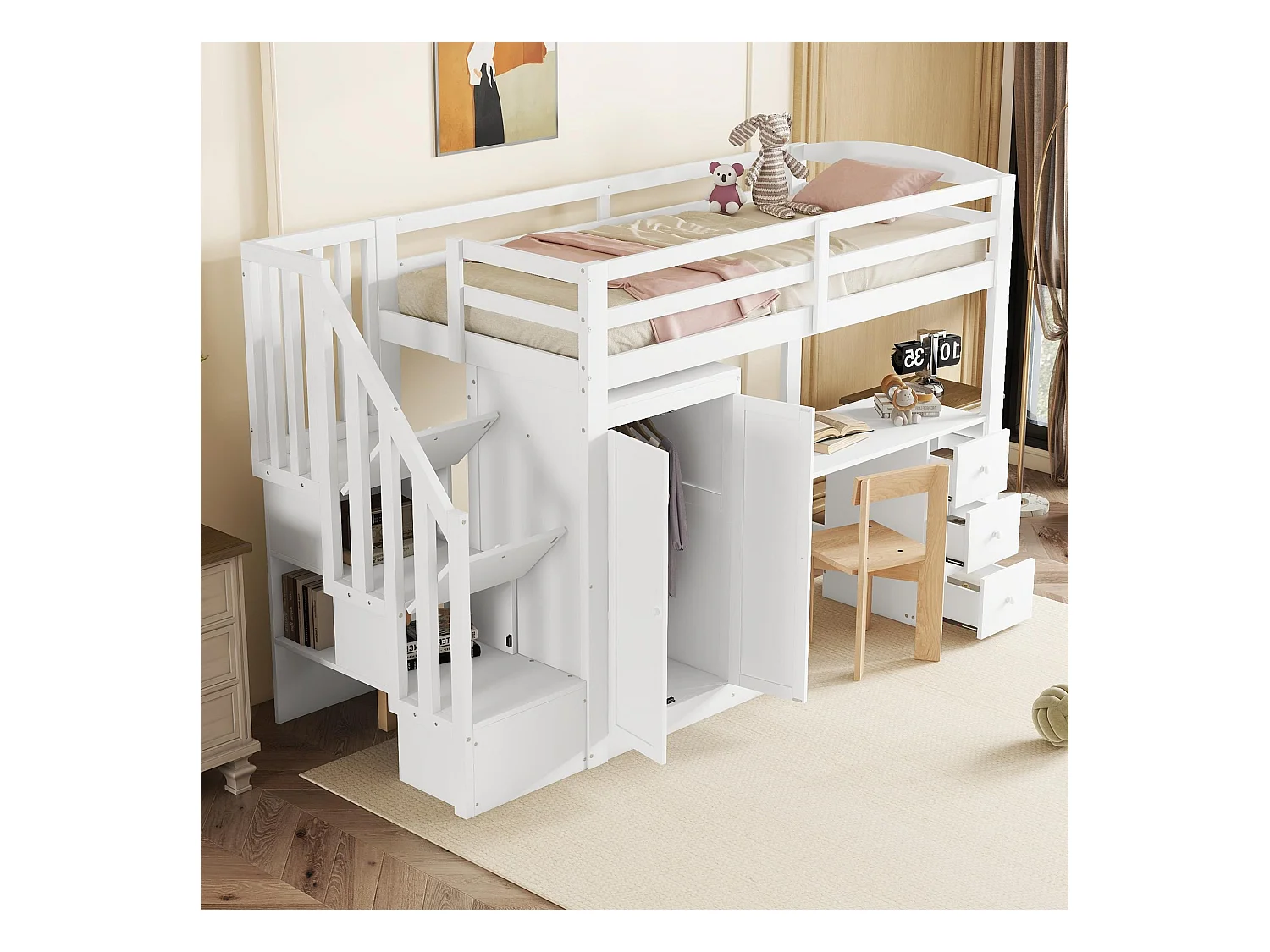 Hoogslaper - 90 x 200 cm - met kledingkast en trap - bureau en lades - Dennen + MDF - Wit