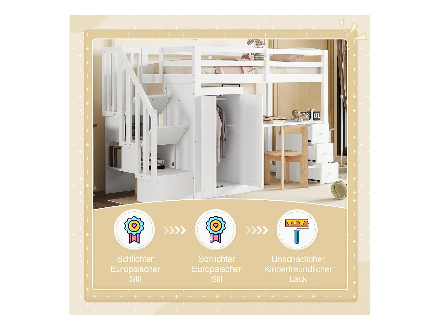 Hoogslaper - 90 x 200 cm - met kledingkast en trap - bureau en lades - Dennen + MDF - Wit