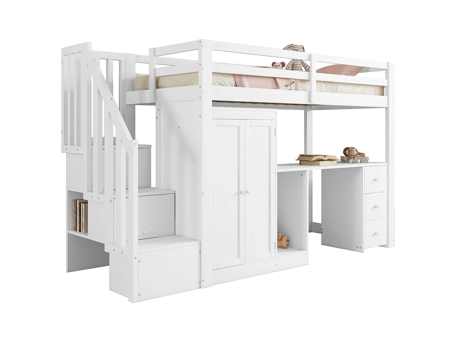 Lit mezzanine - 90 x 200 cm - avec armoire et escalier - bureau et tiroirs - Pin + MDF - Blanc