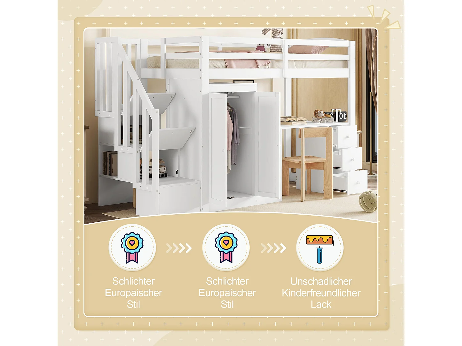 Letto a soppalco - 90 x 200 cm - con armadio e scale - scrivania e cassetti - Pino + MDF - Bianco