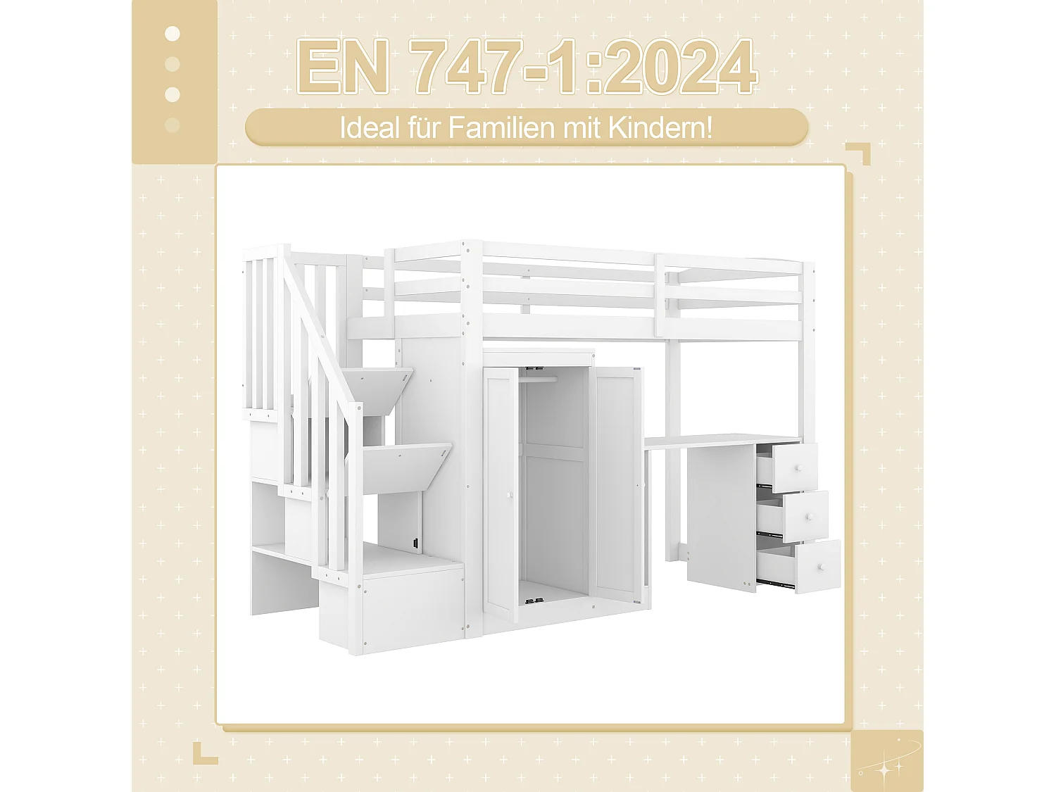 Letto a soppalco - 90 x 200 cm - con armadio e scale - scrivania e cassetti - Pino + MDF - Bianco