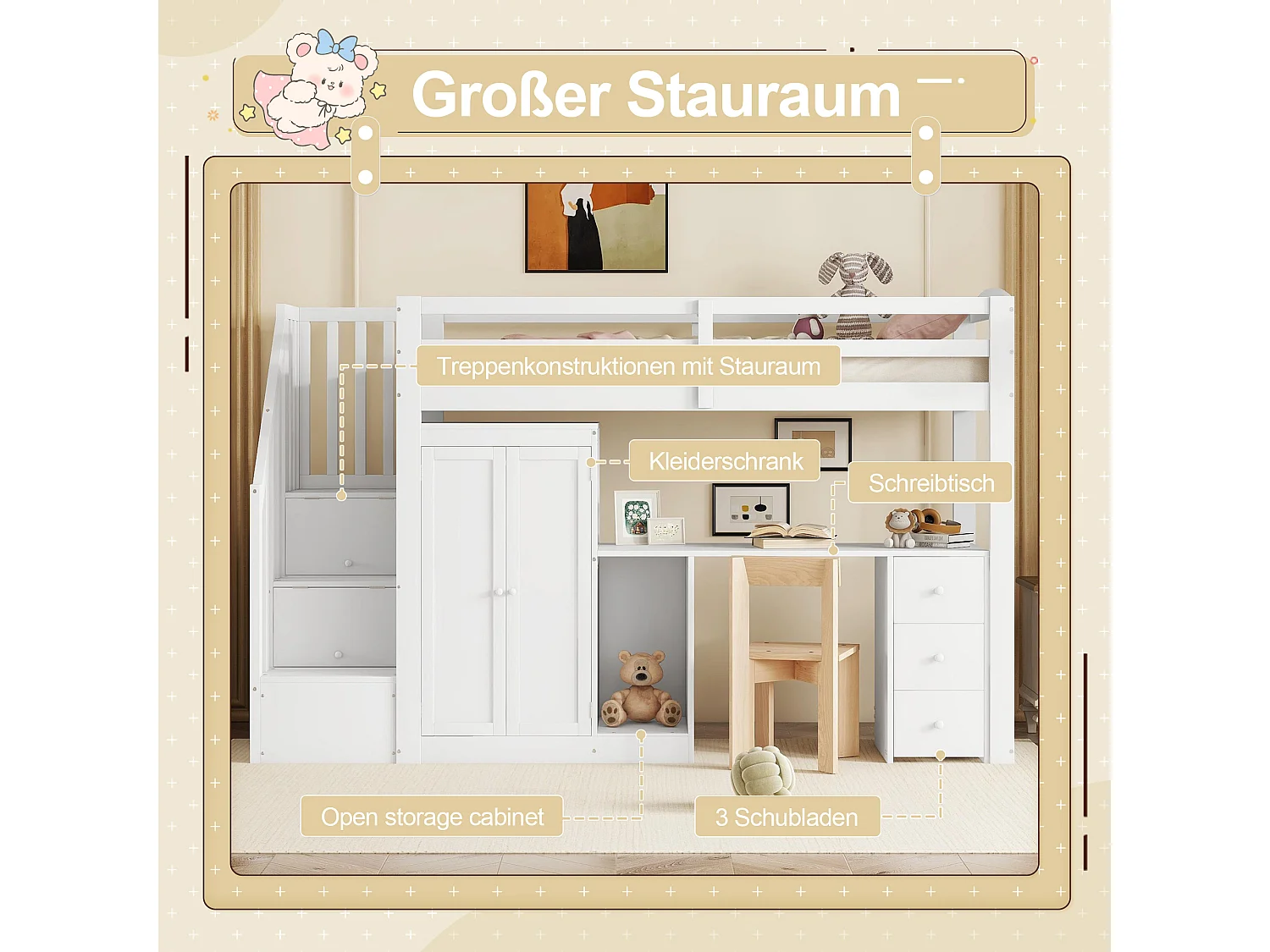 Hoogslaper - 90 x 200 cm - met kledingkast en trap - bureau en lades - Grenen + MDF - Wit
