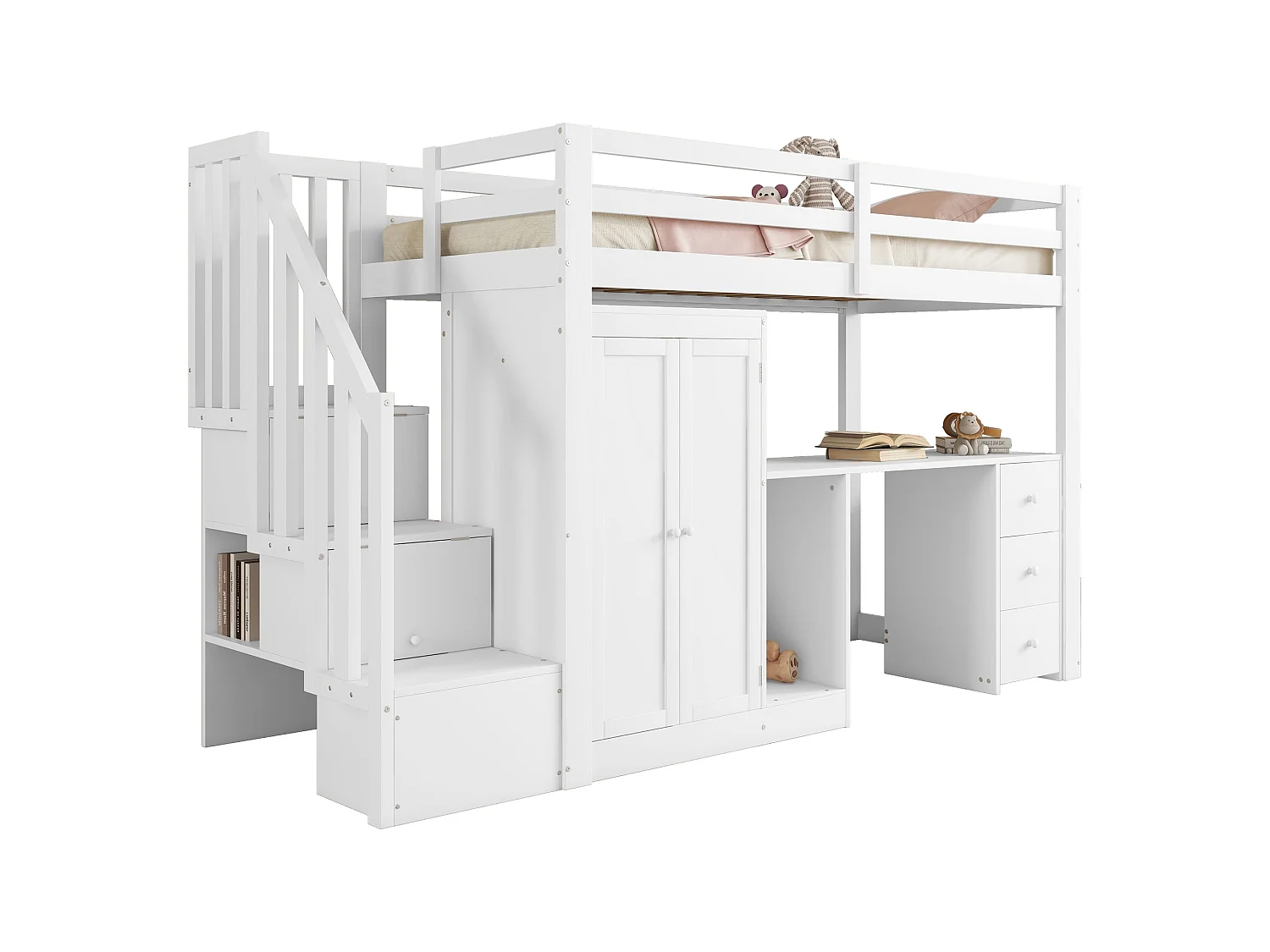 Hoogslaper - 90 x 200 cm - met kledingkast en trap - bureau en lades - Grenen + MDF - Wit