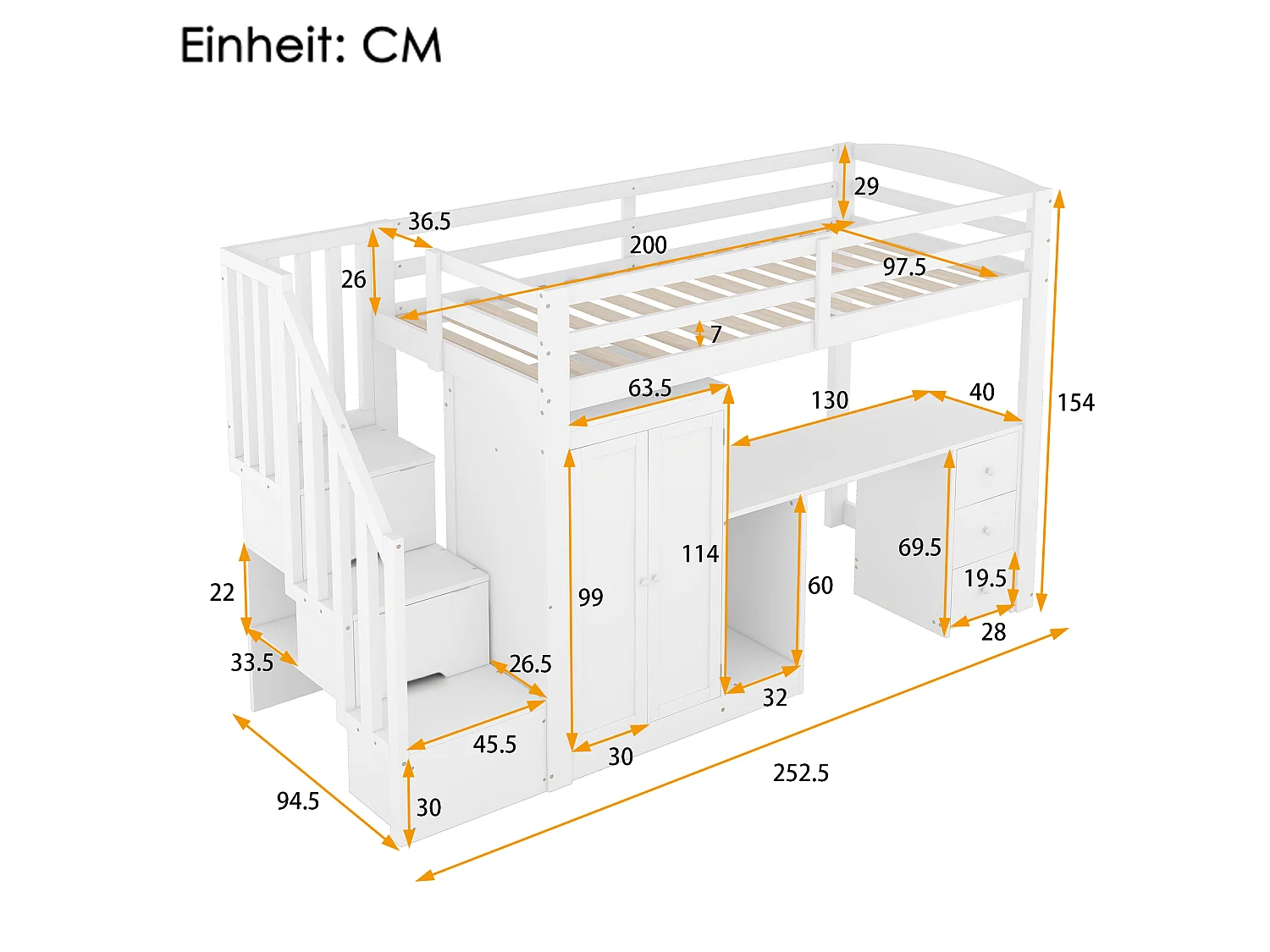 Hoogslaper - 90 x 200 cm - met kledingkast en trap - bureau en lades - Grenen + MDF - Wit