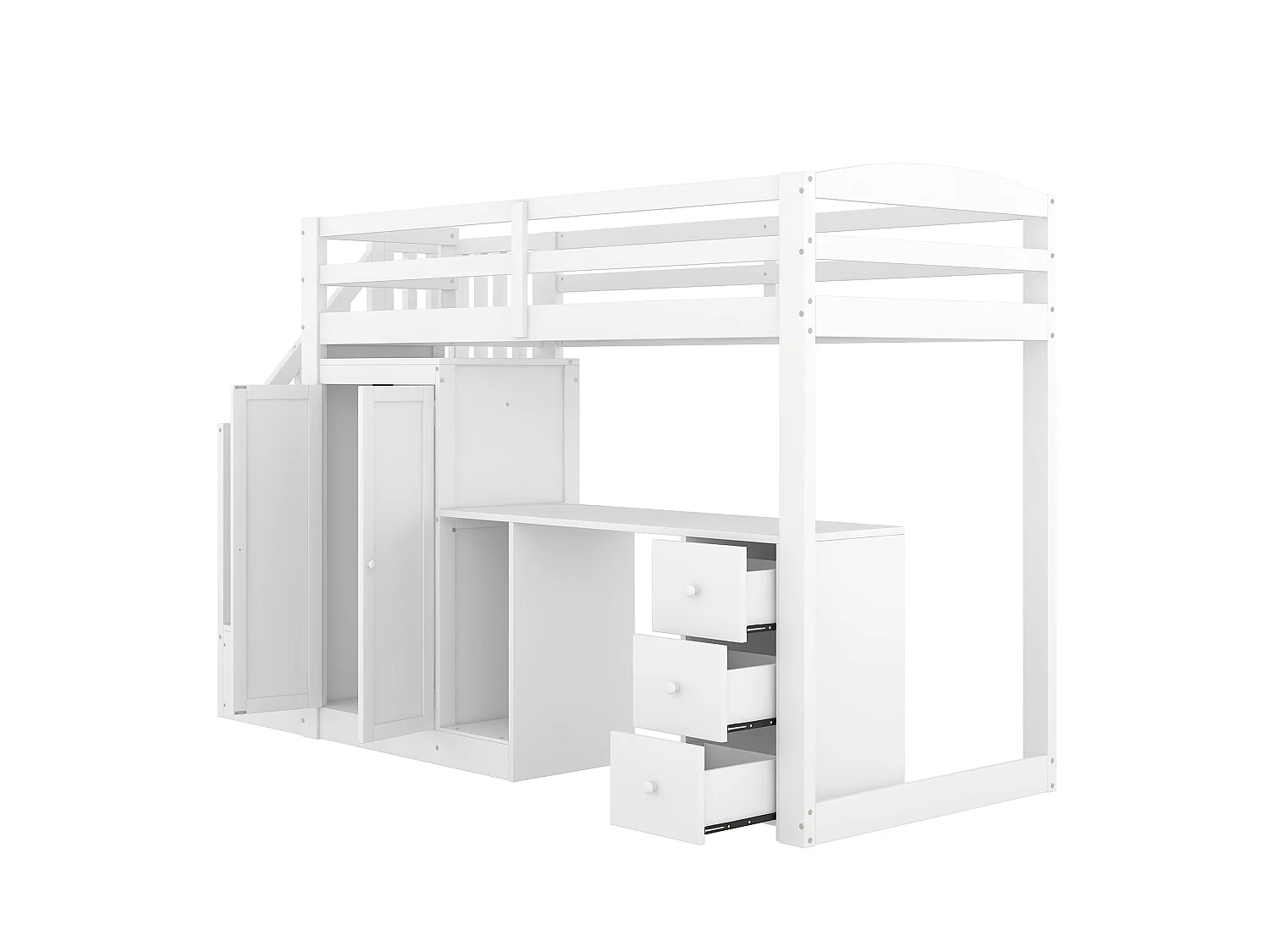 Hoogslaper - 90 x 200 cm - met kledingkast en trap - bureau en lades - Grenen + MDF - Wit