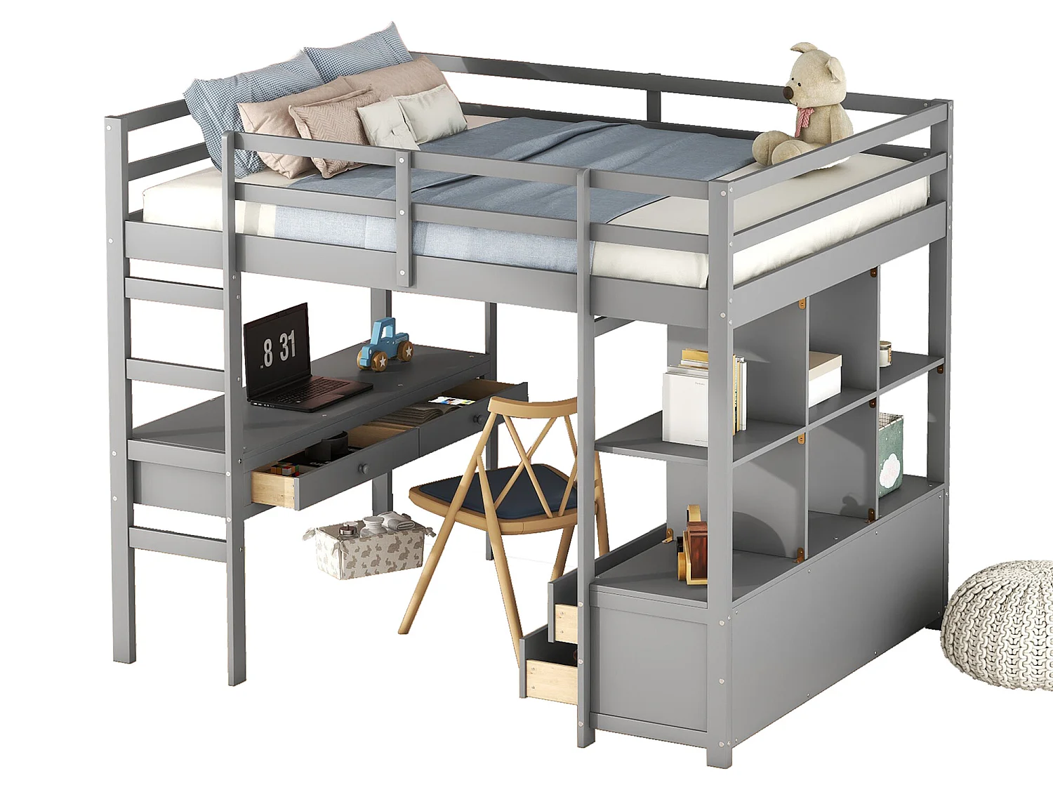 Lit mezzanine 140 x 200 cm pour enfant - bureau et tiroirs - pin - gris