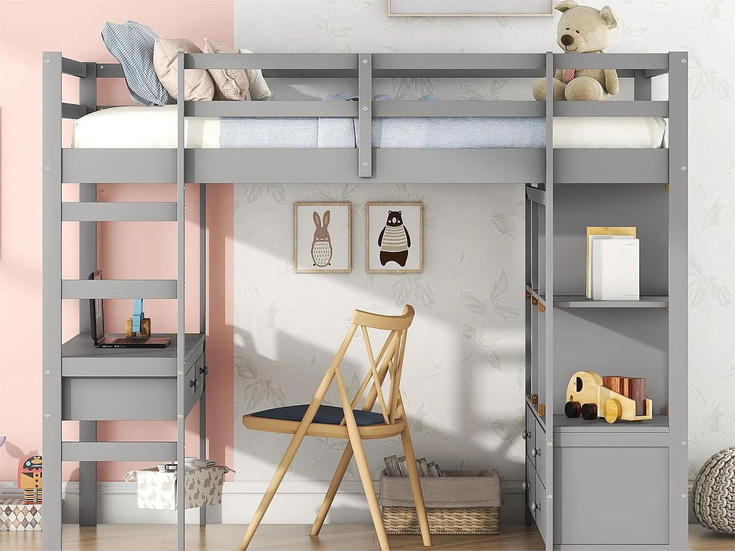 Lit mezzanine 140 x 200 cm pour enfant - bureau et tiroirs - pin - gris