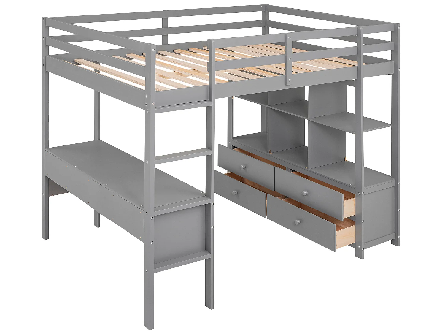 Lit mezzanine 140 x 200 cm pour enfant - bureau et tiroirs - pin - gris
