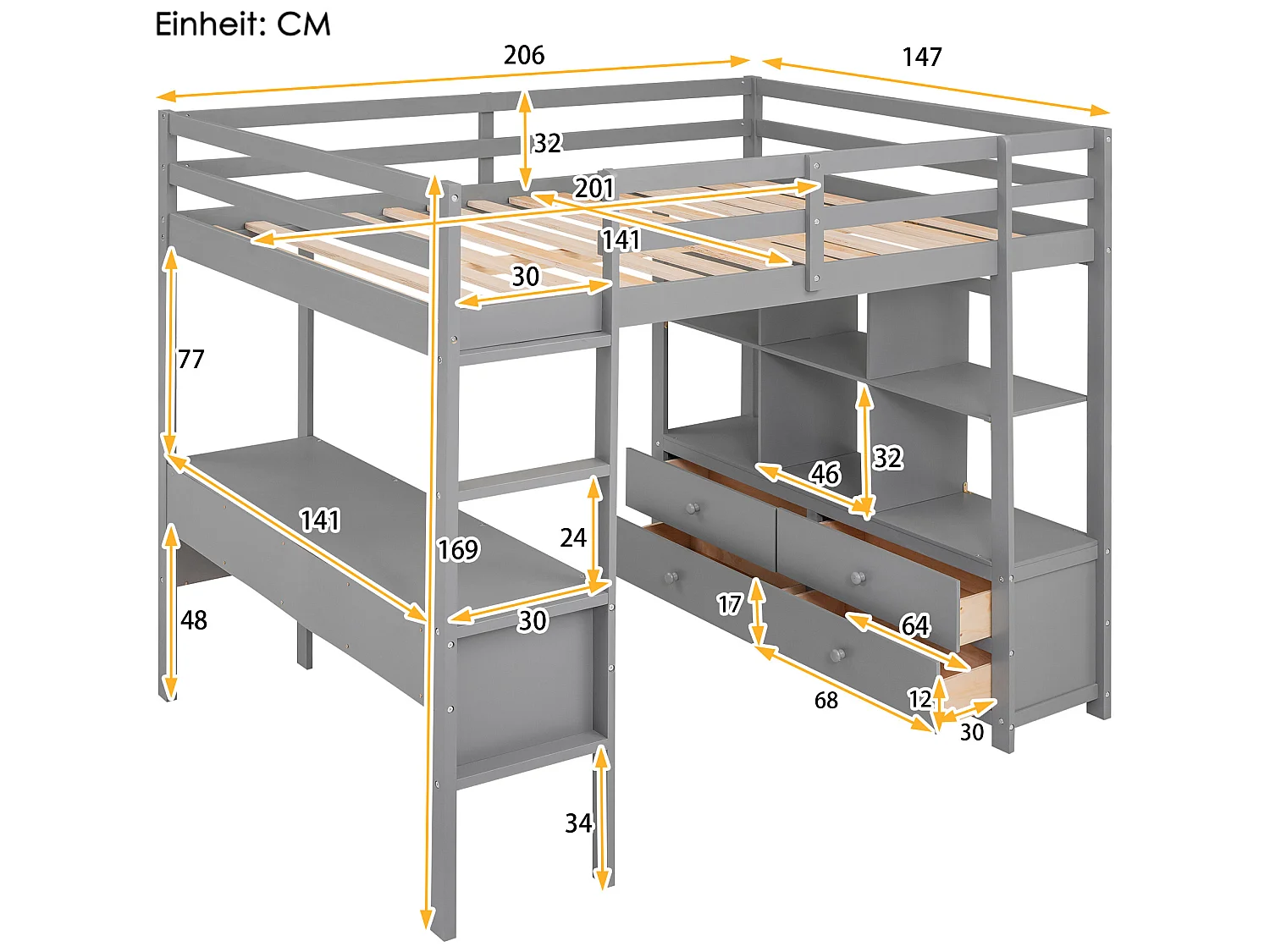 Lit mezzanine 140 x 200 cm pour enfant - bureau et tiroirs - pin - gris