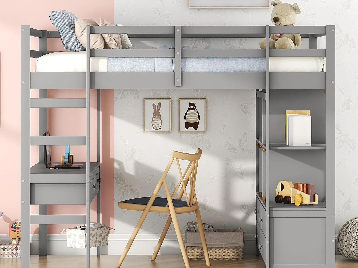 Lit mezzanine 140 x 200 cm pour enfant - bureau et tiroirs - pin - gris