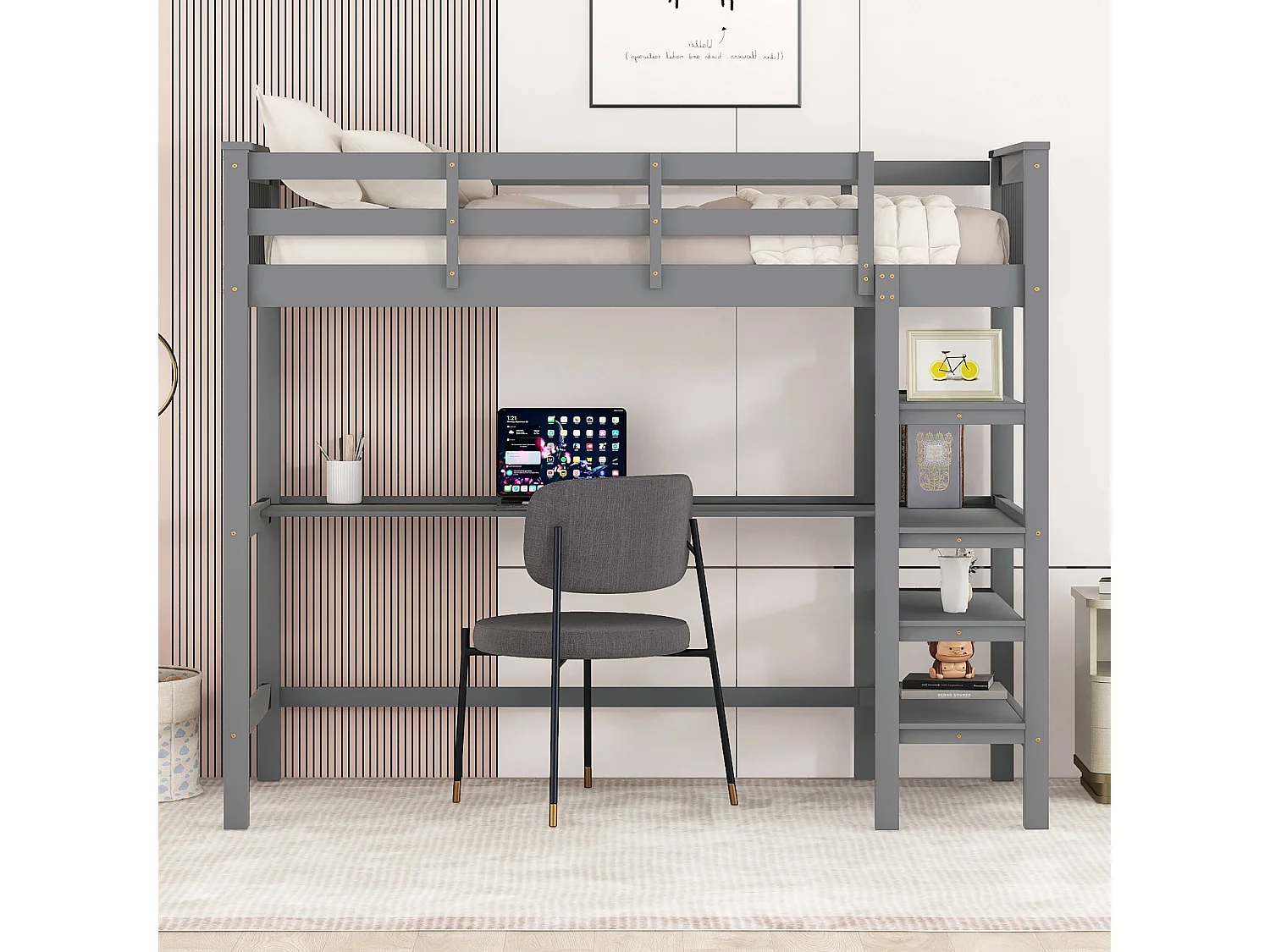 Kinderhochbett - 90 x 200 cm - Schreibtisch + Ablagefächer - grau