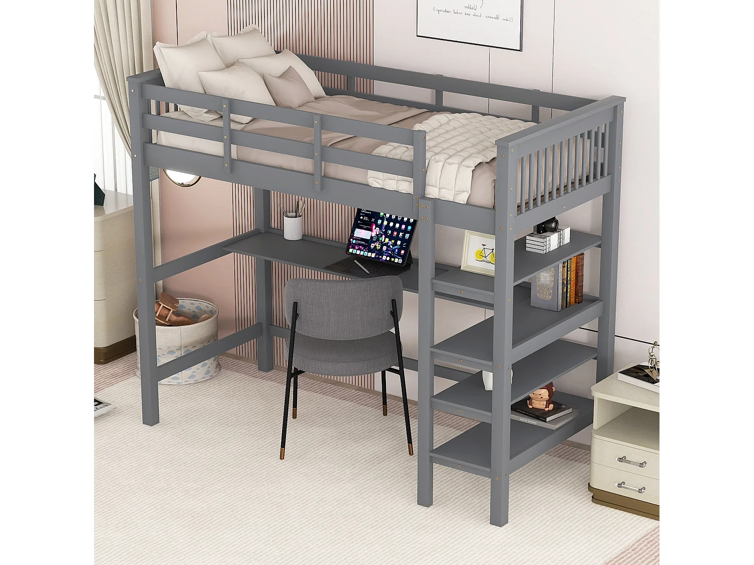 Kinderhochbett - 90 x 200 cm - Schreibtisch + Ablagefächer - grau